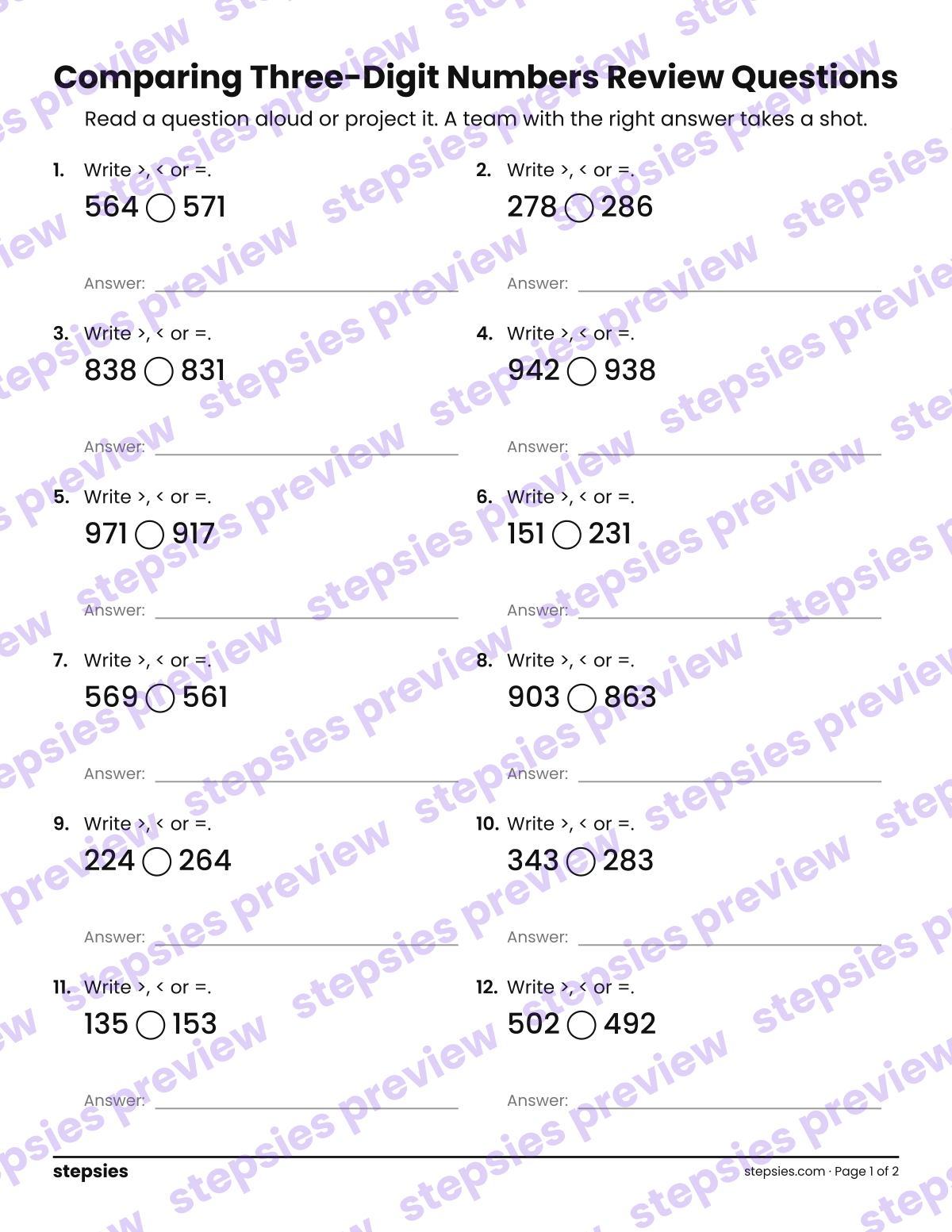 Comparing Three-Digit Numbers: Trashketball Review Questions: page 1 of a printable Grade 2 Math worksheet