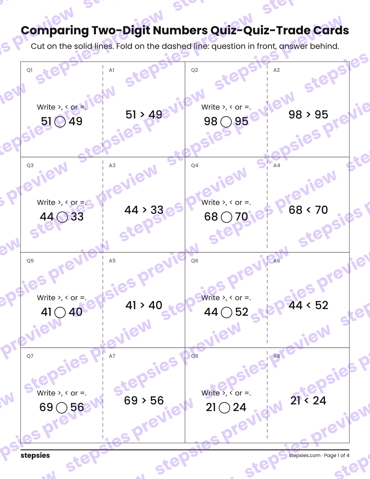 Comparing Two-Digit Numbers: Quiz-Quiz-Trade Cards: page 1 of a printable Grade 1 Math worksheet