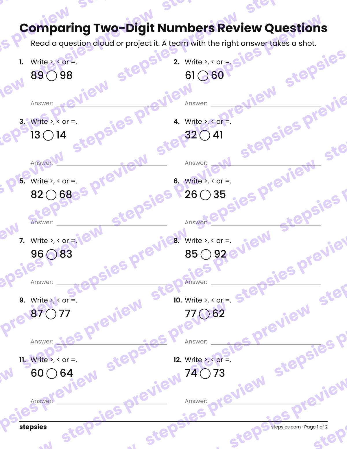 Comparing Two-Digit Numbers: Trashketball Review Questions: page 1 of a printable Grade 1 Math worksheet