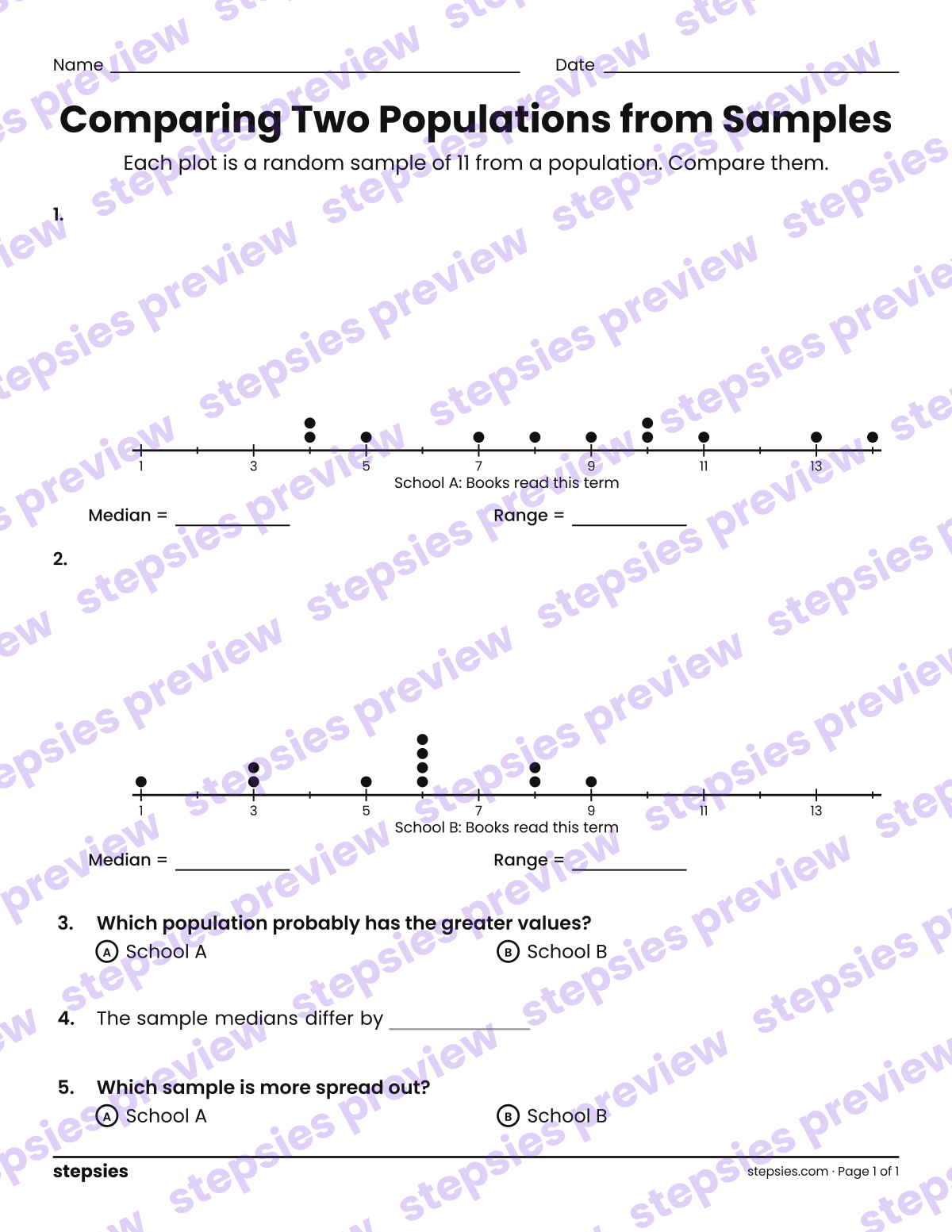 Comparing Two Populations from Samples: page 1 of a printable Grade 7 Math worksheet