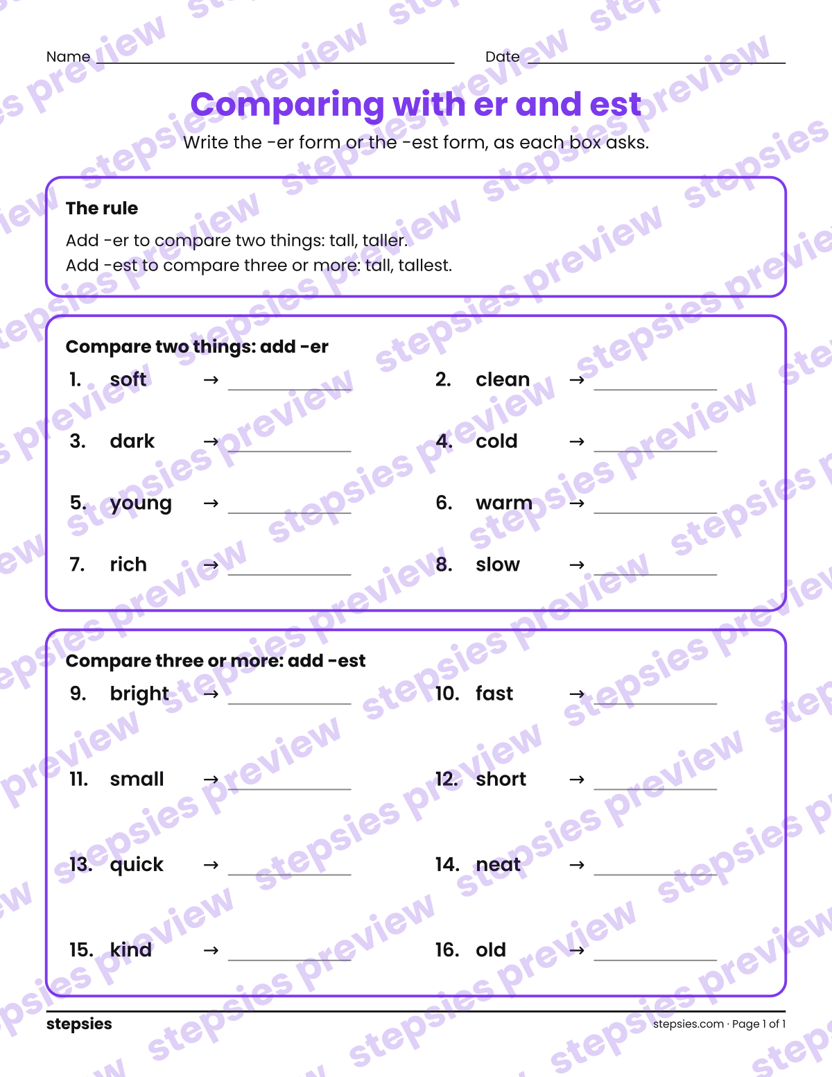 Comparing with er and est: page 1 of a printable Grades 2 and 3 Language worksheet