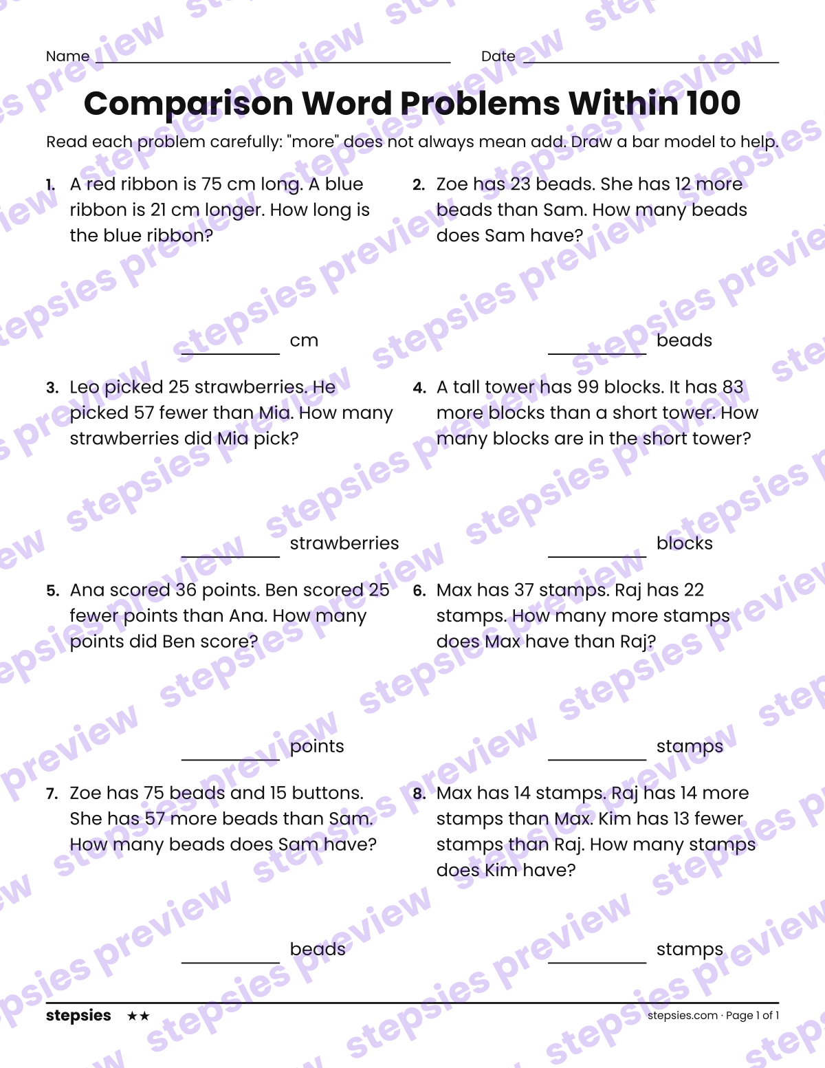 Comparison Word Problems Within 100: page 1 of a printable Grade 2 Math worksheet
