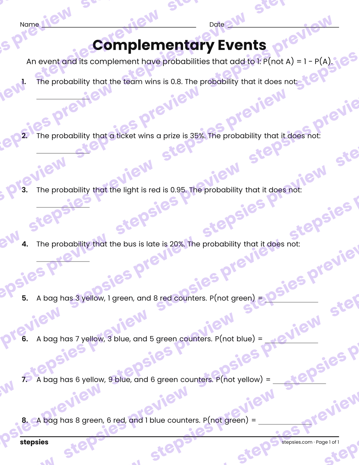 Complementary Events: page 1 of a printable Grades 7 and 8 Math worksheet