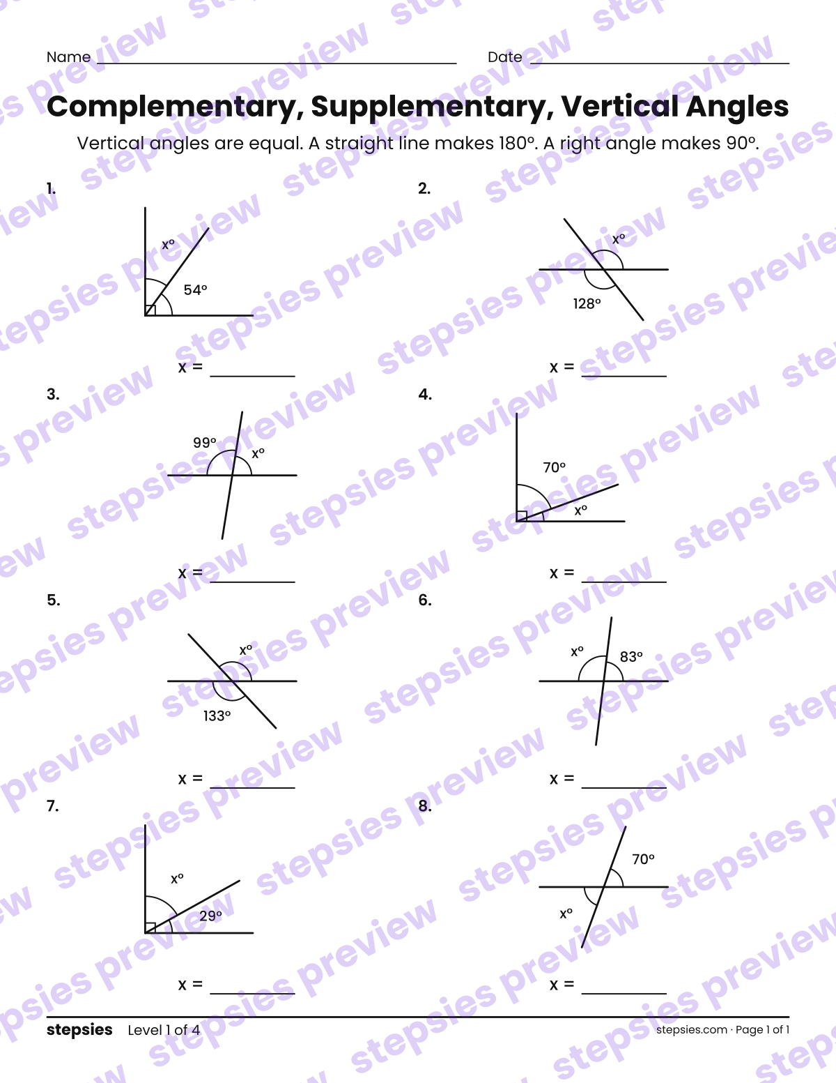 Complementary, Supplementary, Vertical Angles: page 1 of a printable Grade 7 Math worksheet