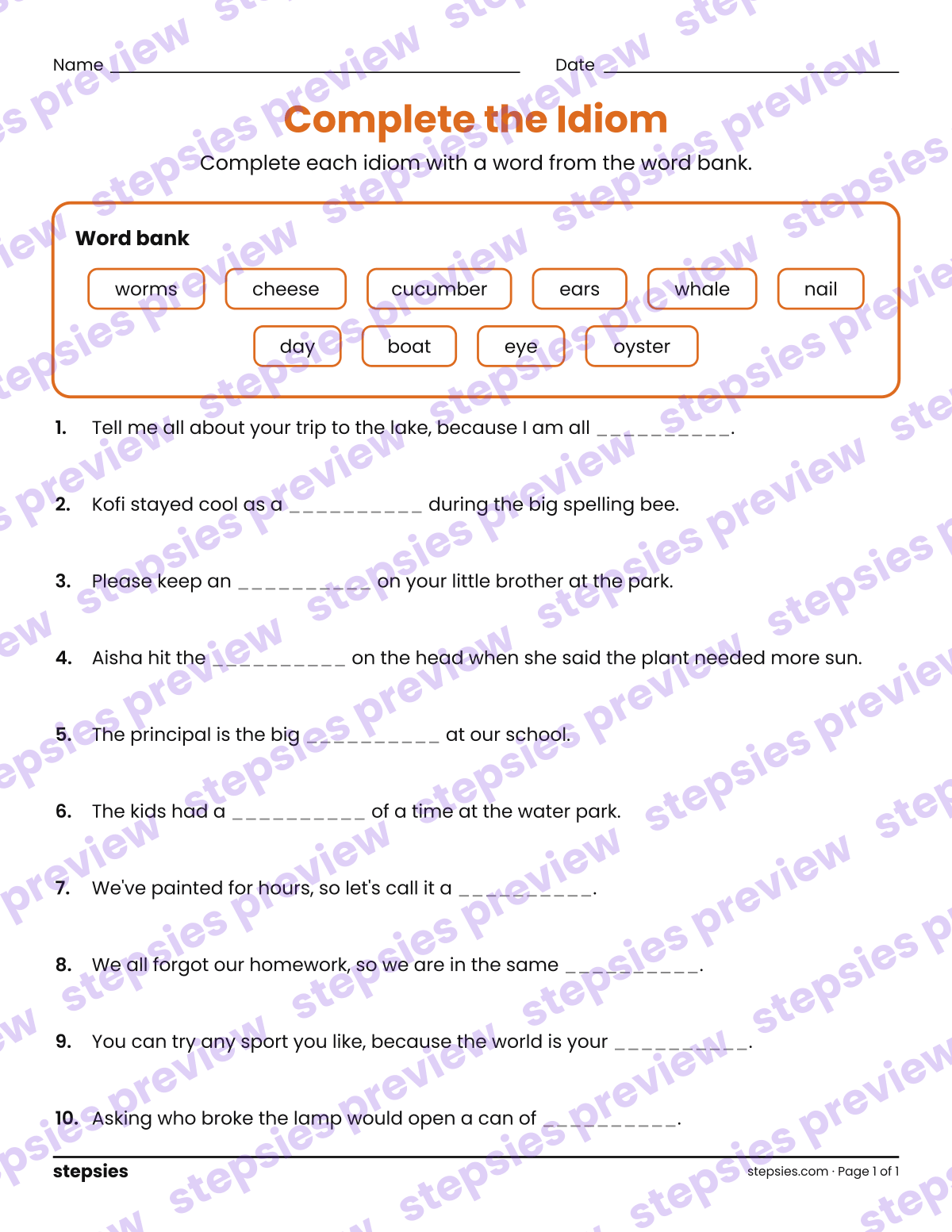 Complete the Idiom: page 1 of a printable Grades 3–5 Language worksheet