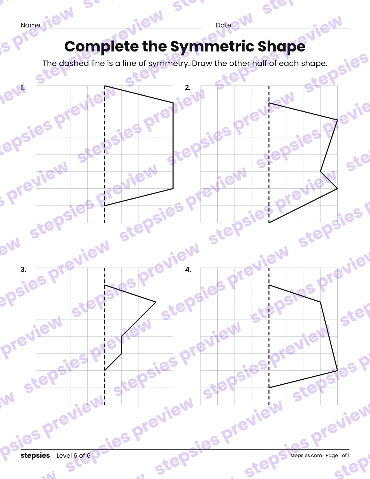 Complete the Symmetric Shape: page 1 of a printable Grade 4 Math worksheet