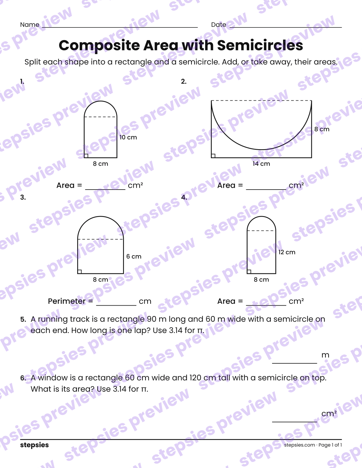 Composite Area with Semicircles: page 1 of a printable Grades 7 and 8 Math worksheet