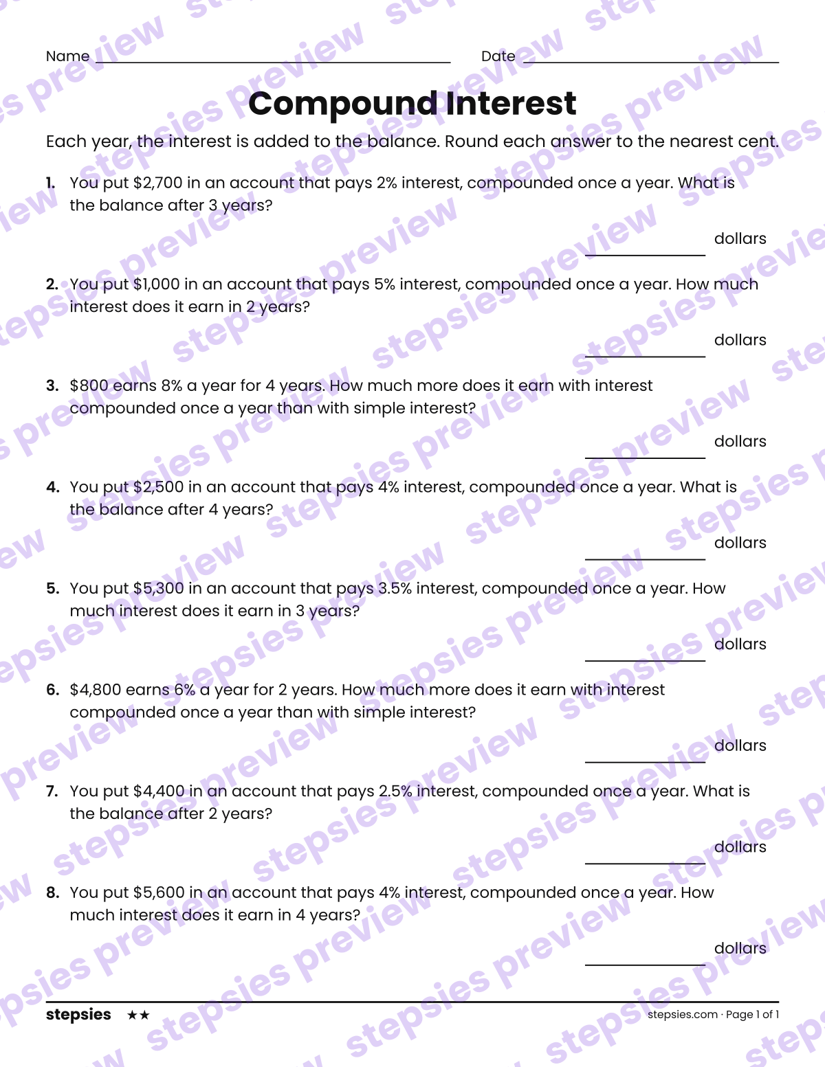 Compound Interest: page 1 of a printable Grades 7 and 8 Math worksheet