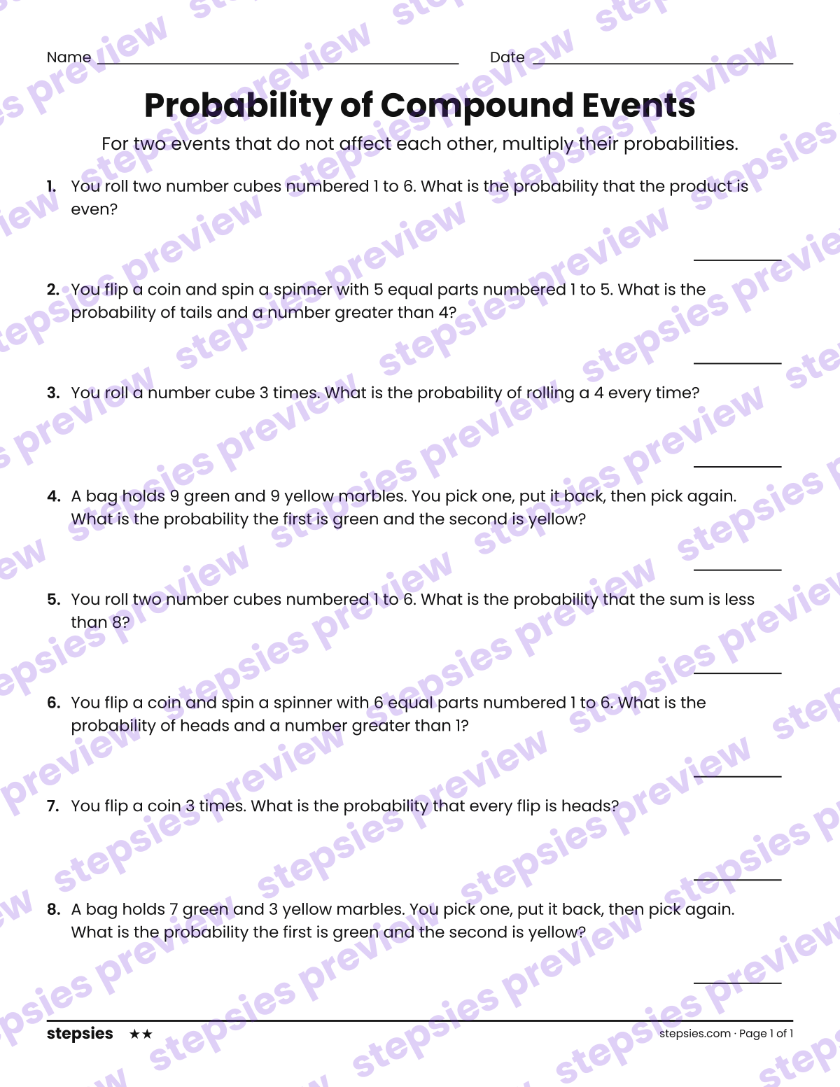 Probability of Compound Events: page 1 of a printable Grade 7 Math worksheet