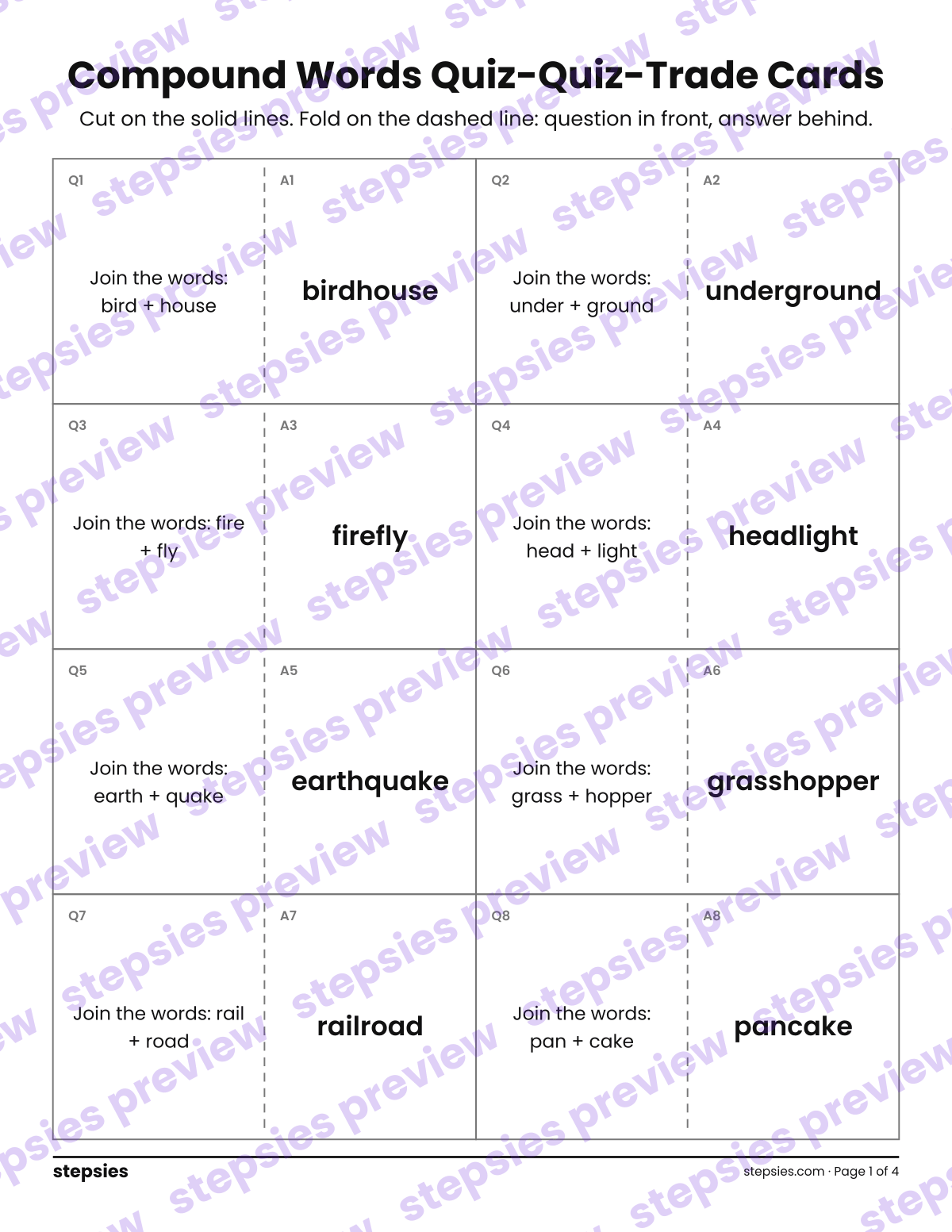 Compound Words: Quiz-Quiz-Trade Cards: page 1 of a printable Grade 2 Language worksheet