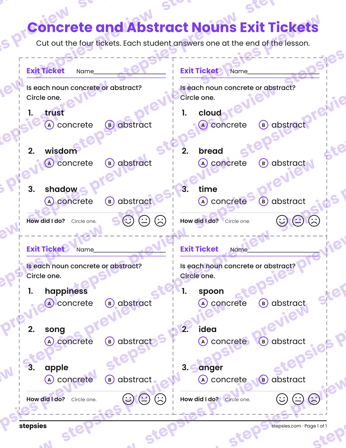 Concrete and Abstract Nouns Exit Tickets: page 1 of a printable Grades 2 and 3 Language worksheet