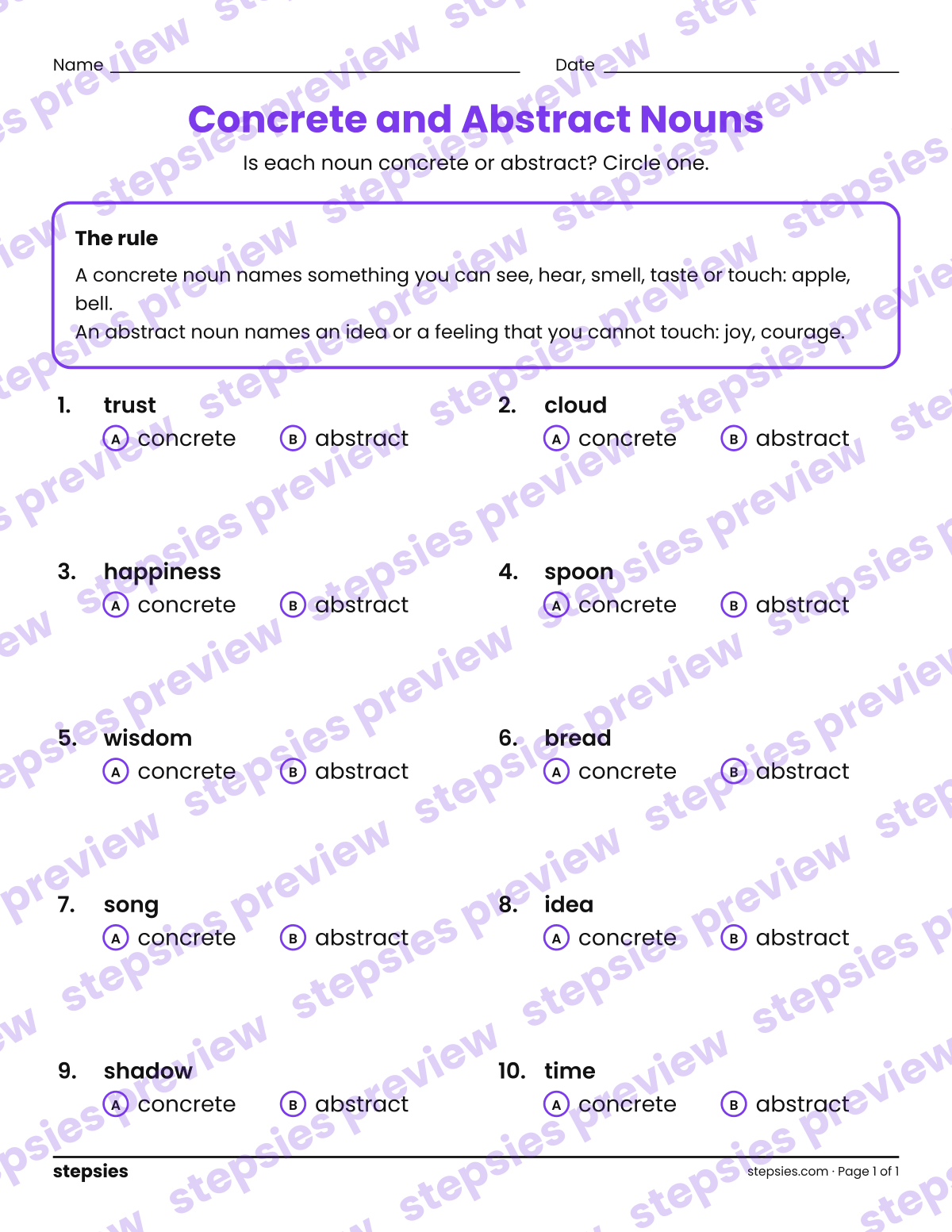 Concrete and Abstract Nouns: page 1 of a printable Grades 2 and 3 Language worksheet