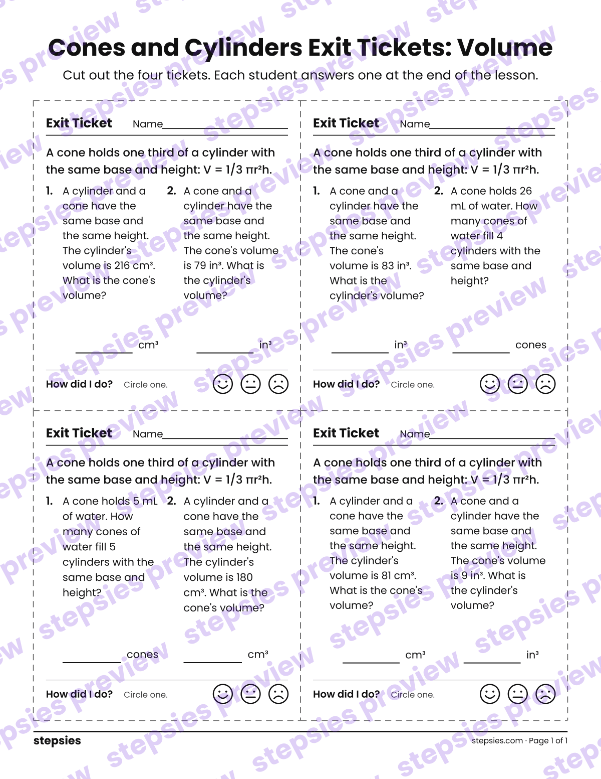 Cones and Cylinders Exit Tickets: Volume: page 1 of a printable Grade 8 Math worksheet