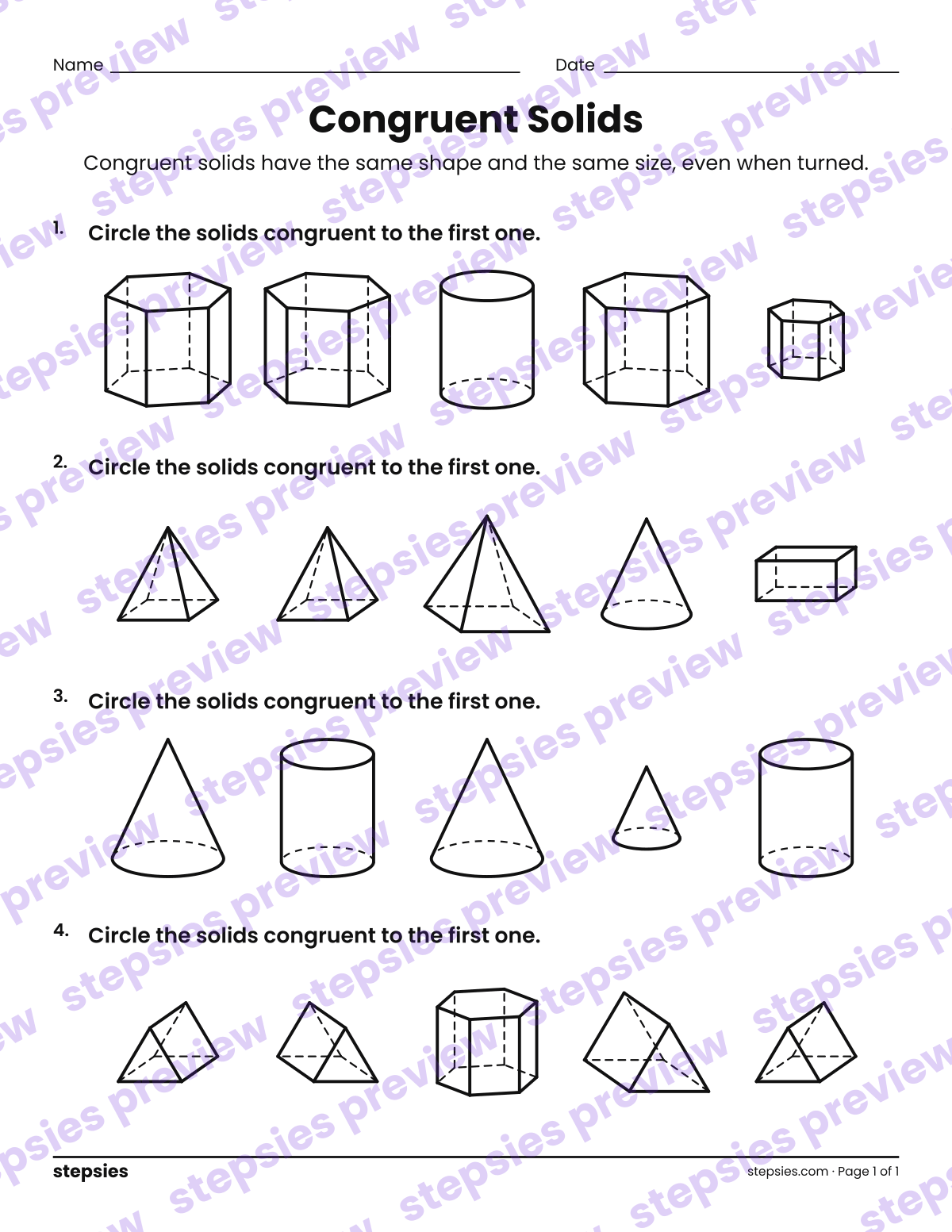 Congruent Solids: page 1 of a printable Grade 3 Math worksheet