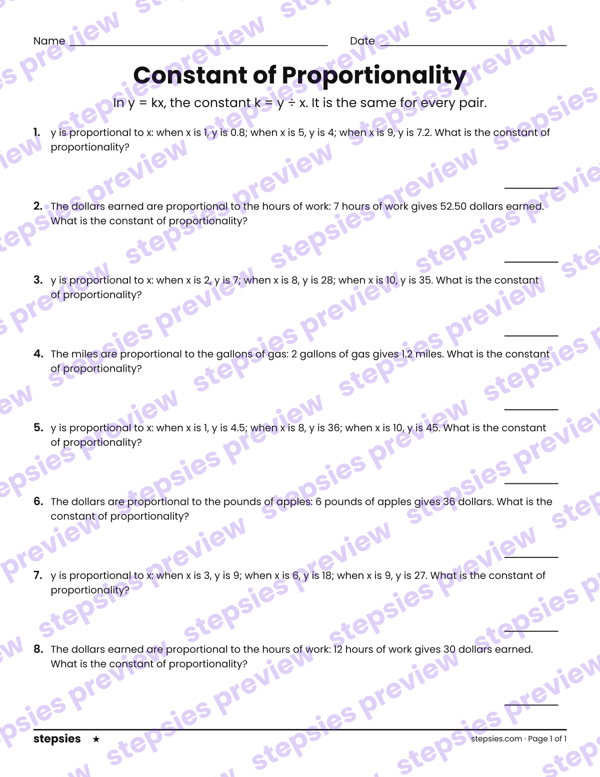 Constant of Proportionality: page 1 of a printable Grade 7 Math worksheet
