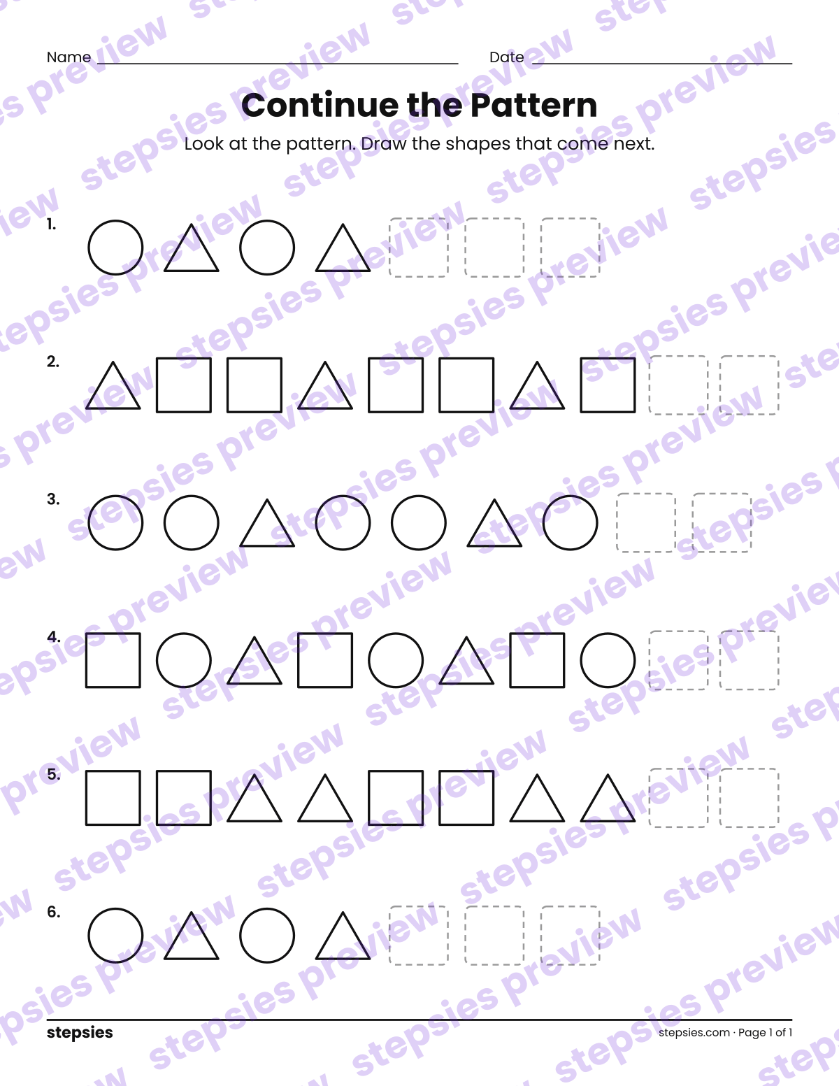 Continue the Pattern: page 1 of a printable Kindergarten and Grade 1 Math worksheet