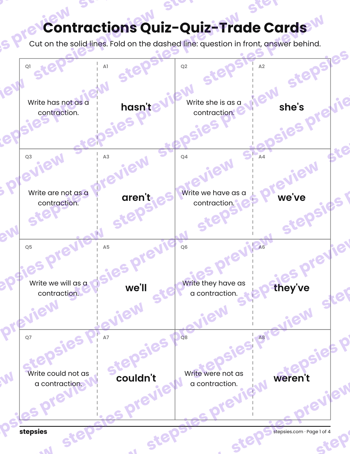 Contractions: Quiz-Quiz-Trade Cards: page 1 of a printable Grade 2 Language worksheet