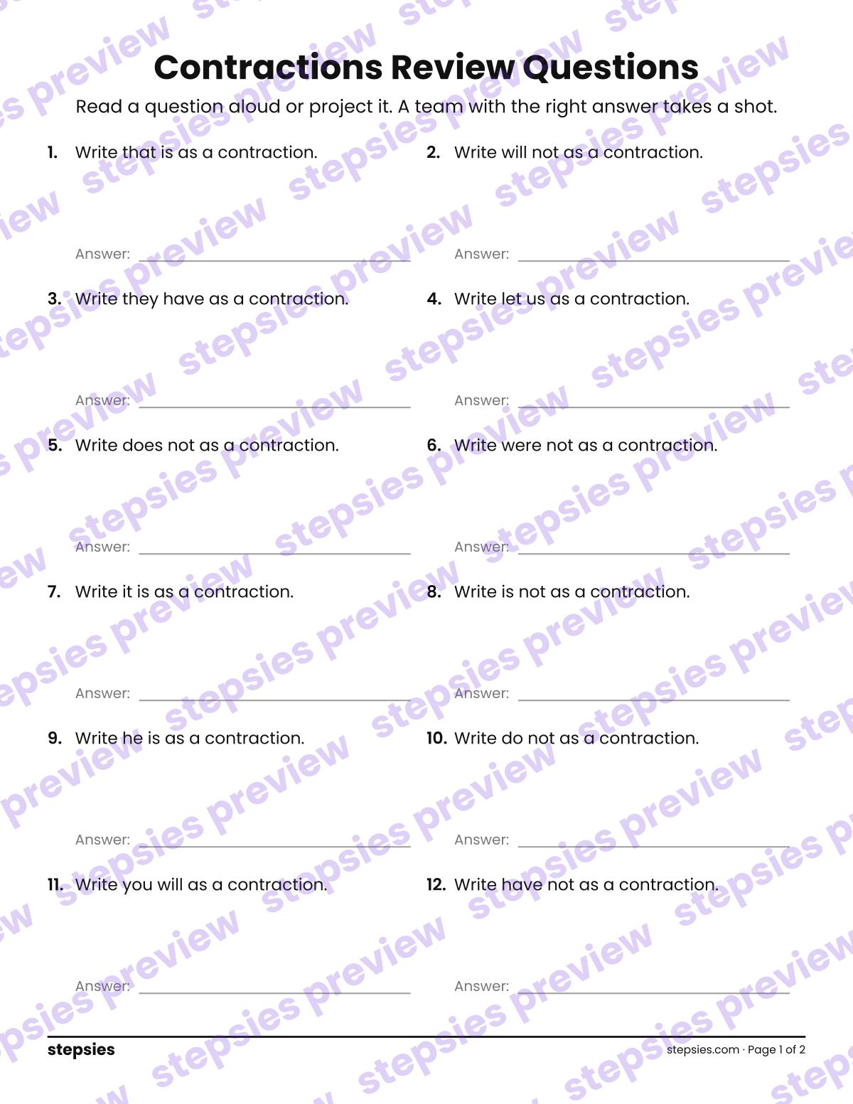 Contractions: Trashketball Review Questions: page 1 of a printable Grade 2 Language worksheet