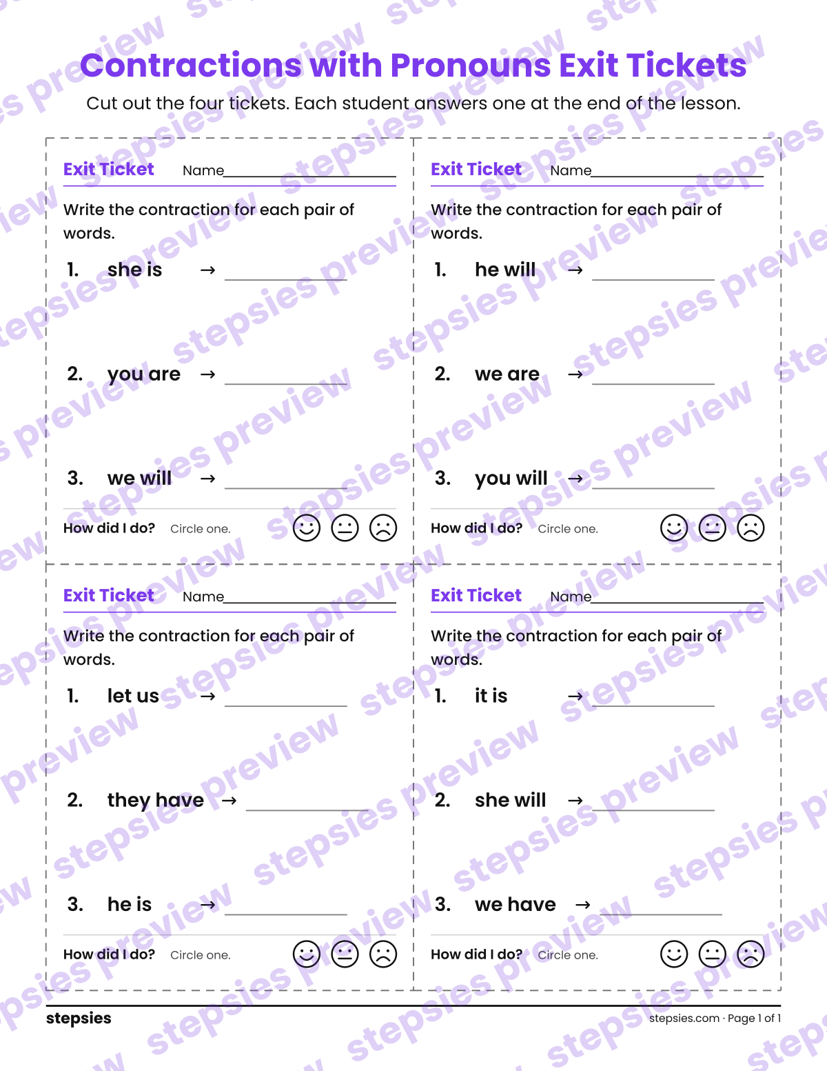 Contractions with Pronouns Exit Tickets: page 1 of a printable Grades 2 and 3 Language worksheet