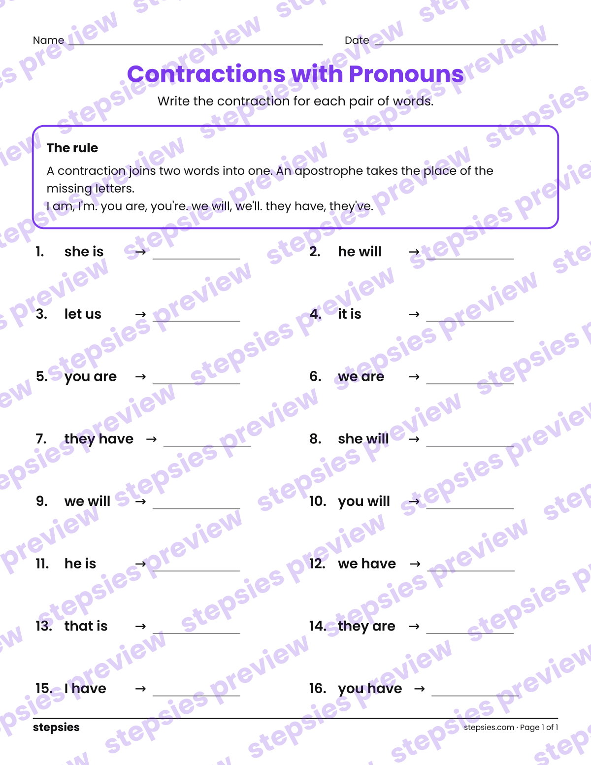 Contractions with Pronouns: page 1 of a printable Grades 2 and 3 Language worksheet