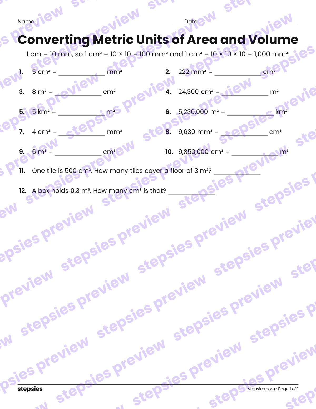 Converting Metric Units of Area and Volume: page 1 of a printable Grades 7 and 8 Math worksheet
