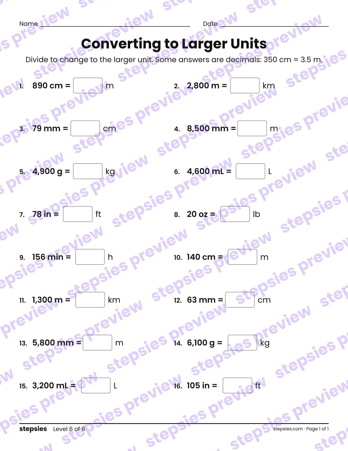 Converting to Larger Units: page 1 of a printable Grade 5 Math worksheet