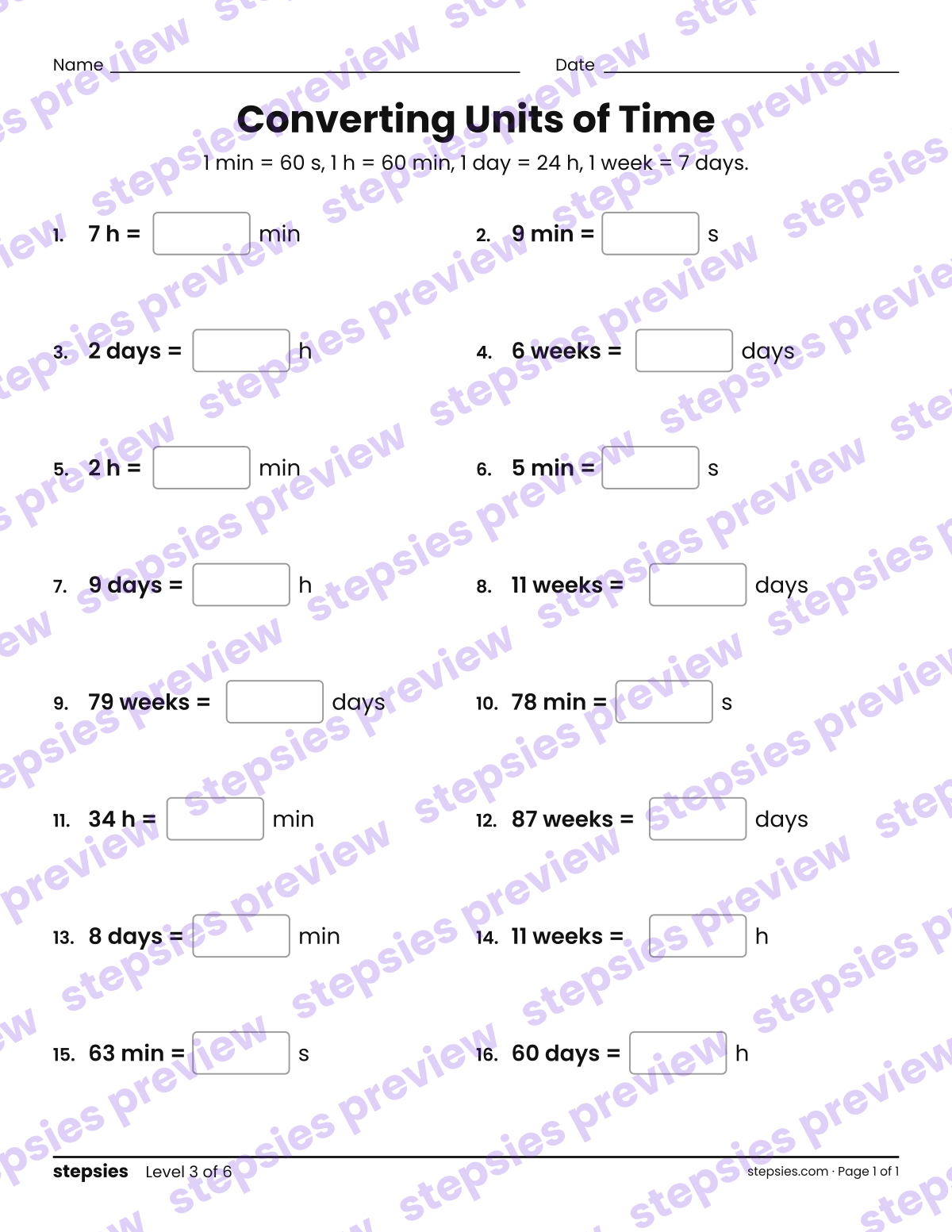 Converting Units of Time: page 1 of a printable Grades 4 and 5 Math worksheet