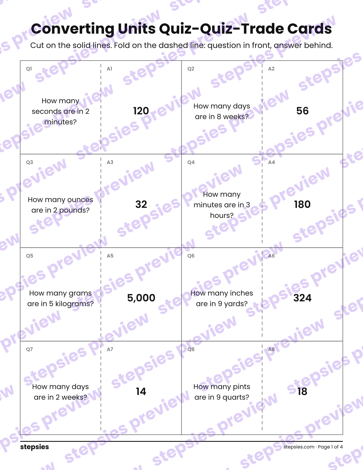 Converting Units: Quiz-Quiz-Trade Cards: page 1 of a printable Grade 4 Math worksheet