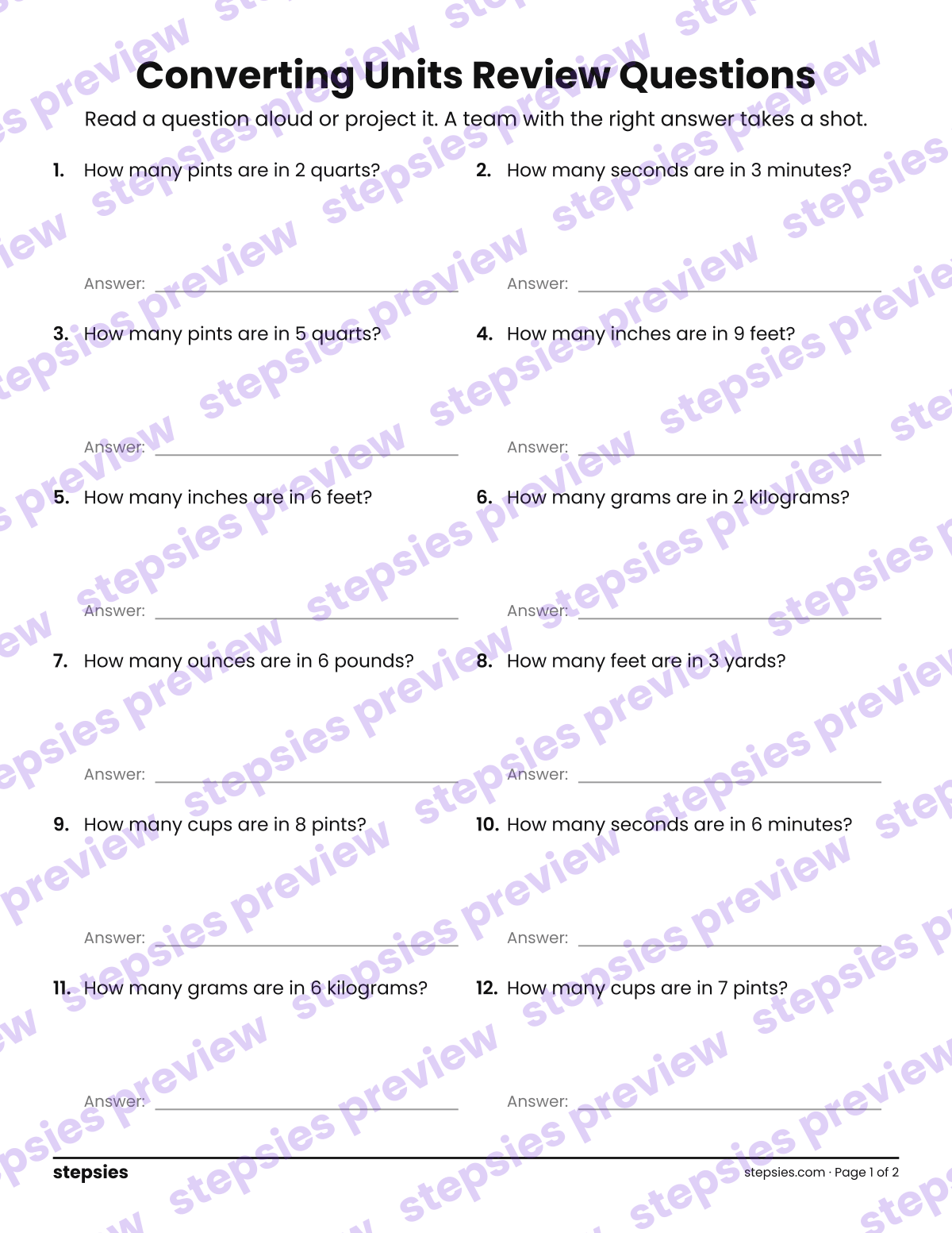 Converting Units: Trashketball Review Questions: page 1 of a printable Grade 4 Math worksheet