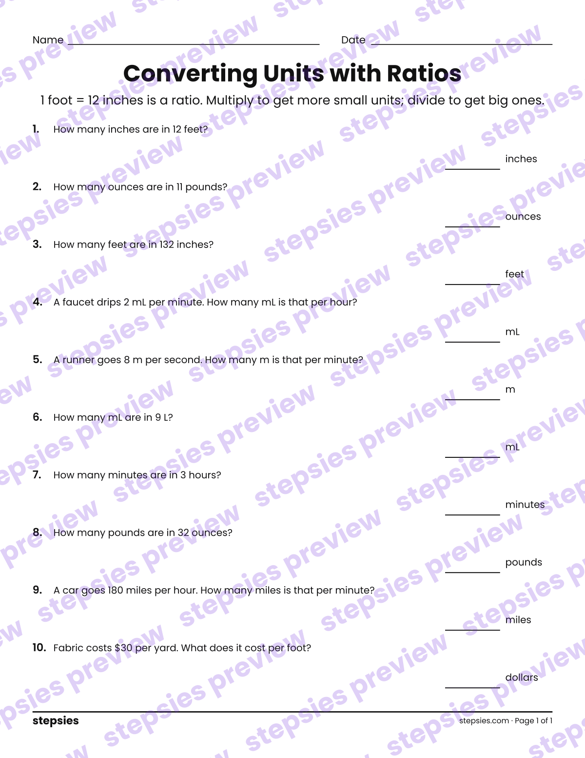 Converting Units with Ratios: page 1 of a printable Grade 6 Math worksheet
