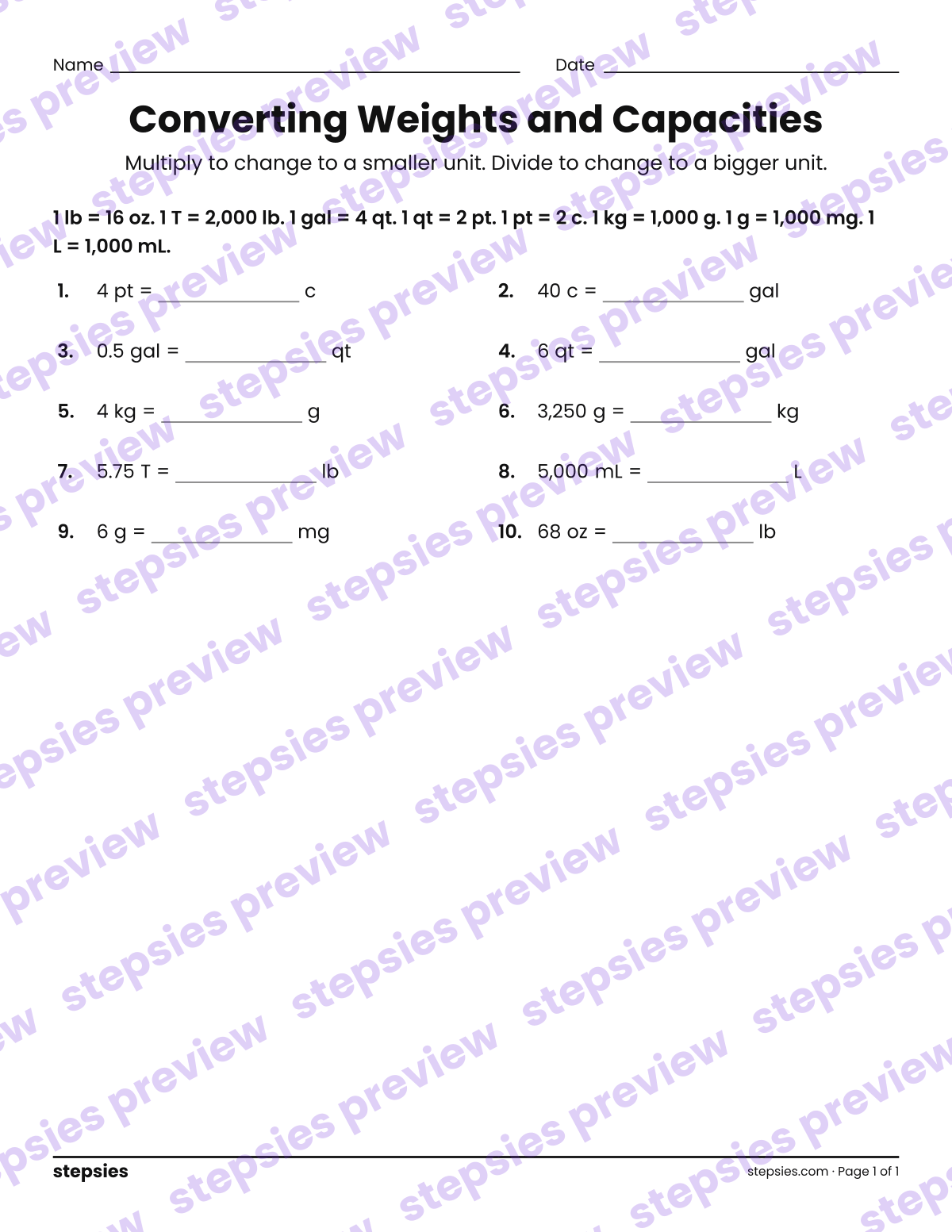 Converting Weights and Capacities: page 1 of a printable Grade 7 Math worksheet