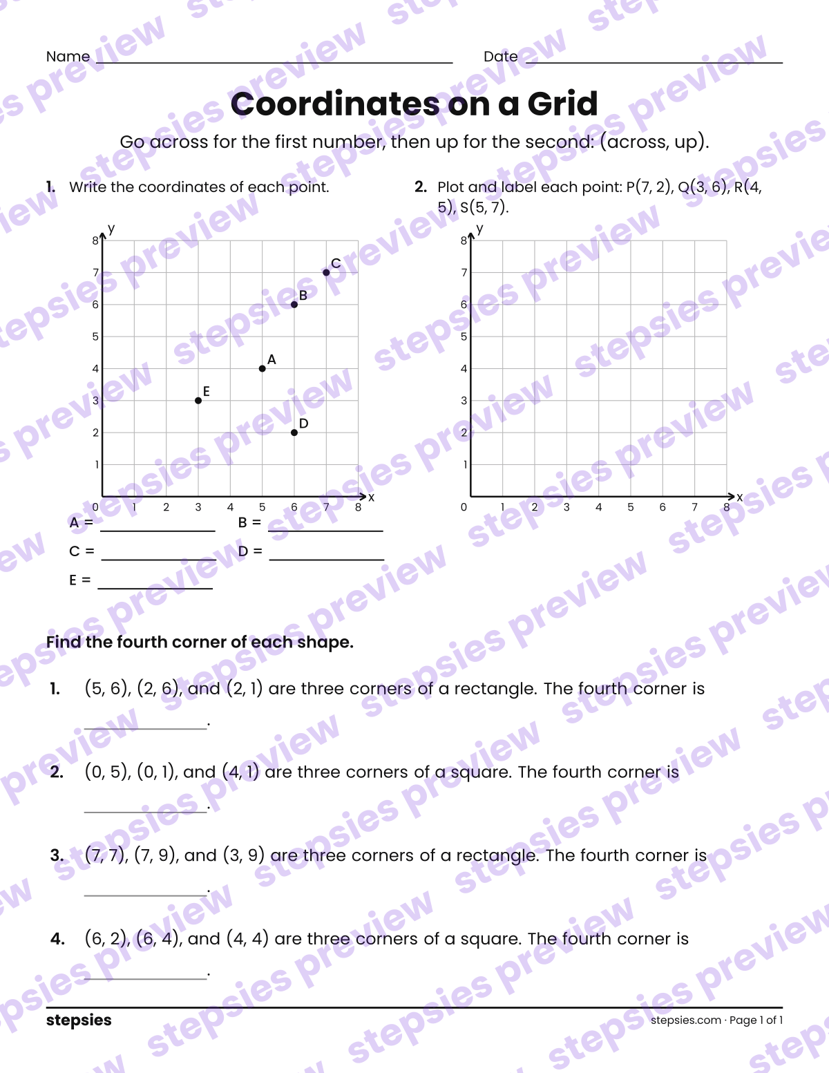 Coordinates on a Grid: page 1 of a printable Grades 3 and 4 Math worksheet