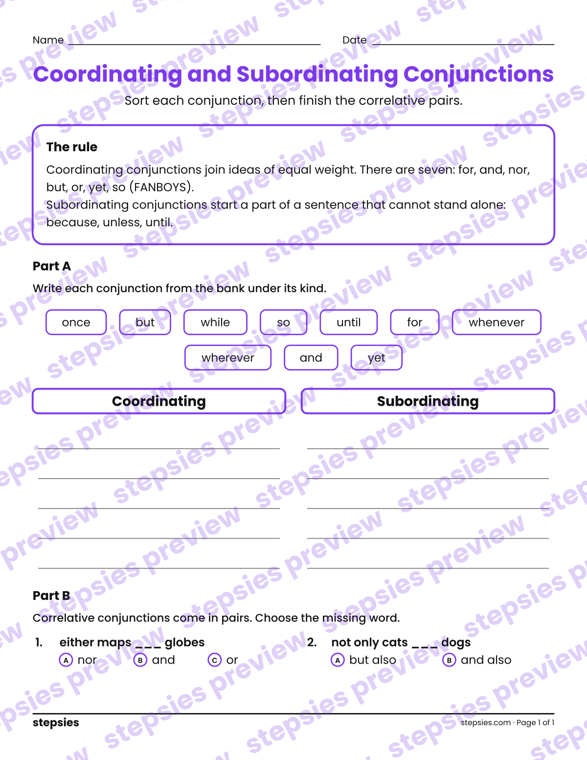 Coordinating and Subordinating Conjunctions: page 1 of a printable Grades 4 and 5 Language worksheet