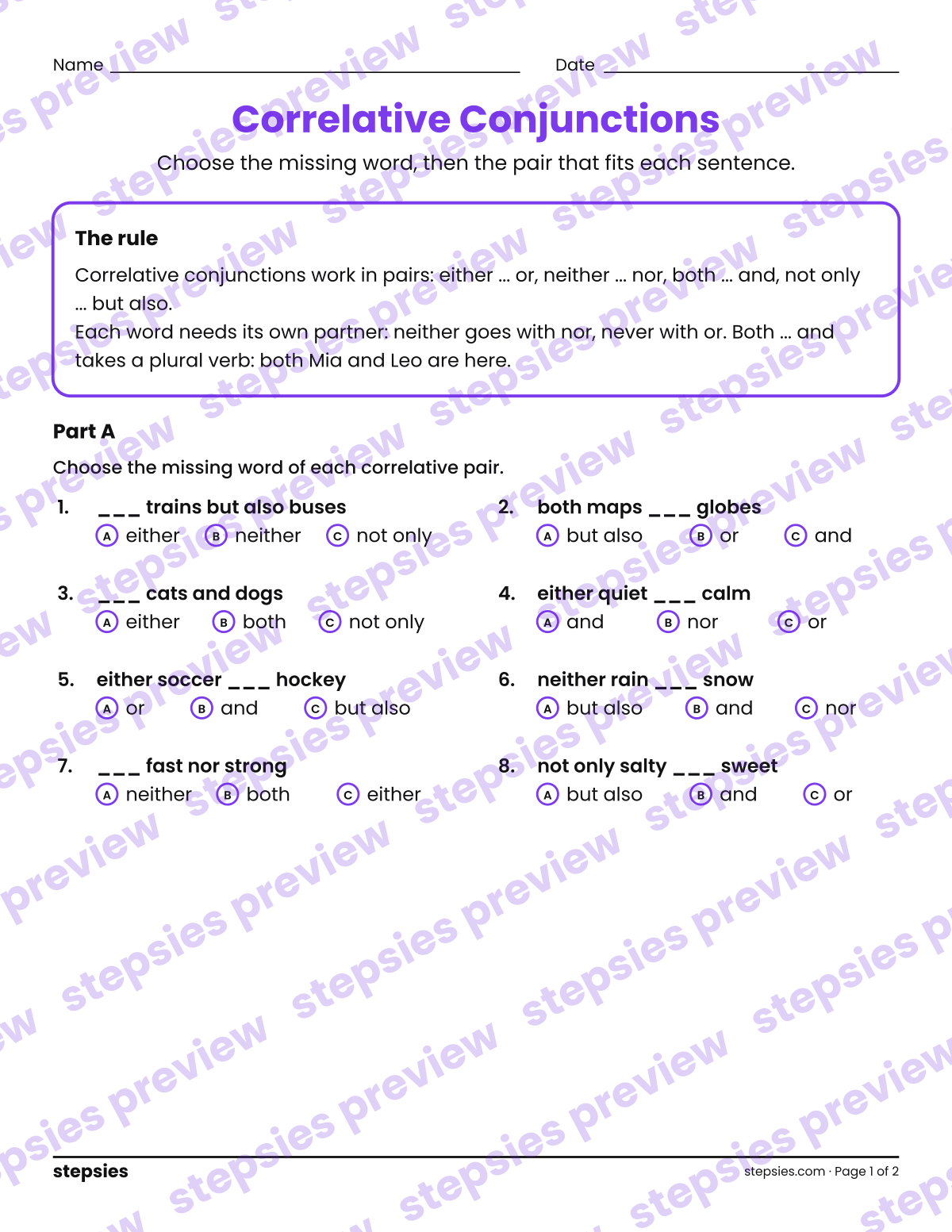 Correlative Conjunctions: page 1 of a printable Grade 5 Language worksheet