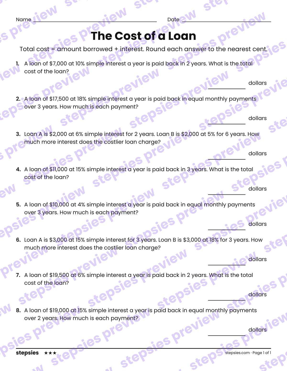 The Cost of a Loan: page 1 of a printable Grade 8 Math worksheet