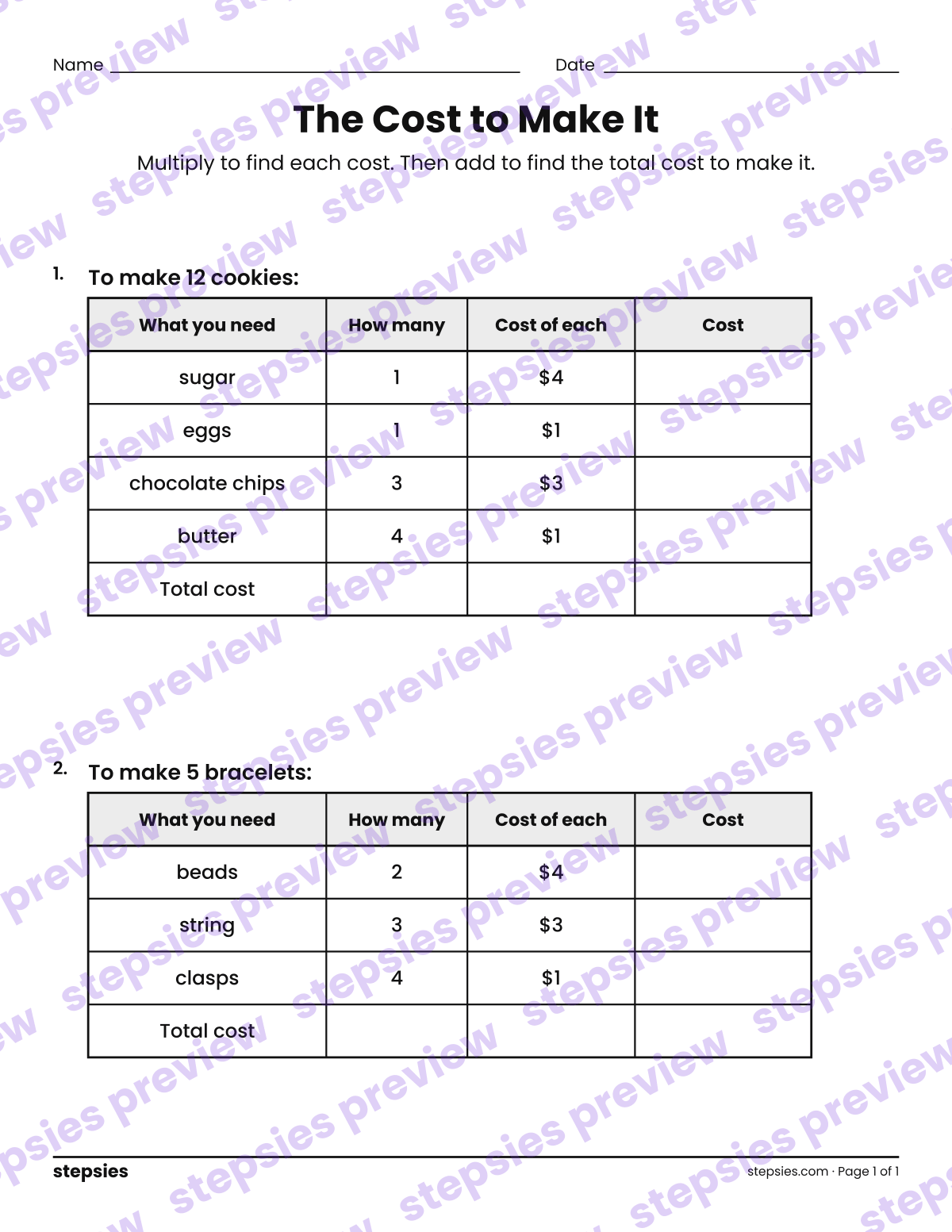 The Cost to Make It: page 1 of a printable Grades 2 and 3 Math worksheet