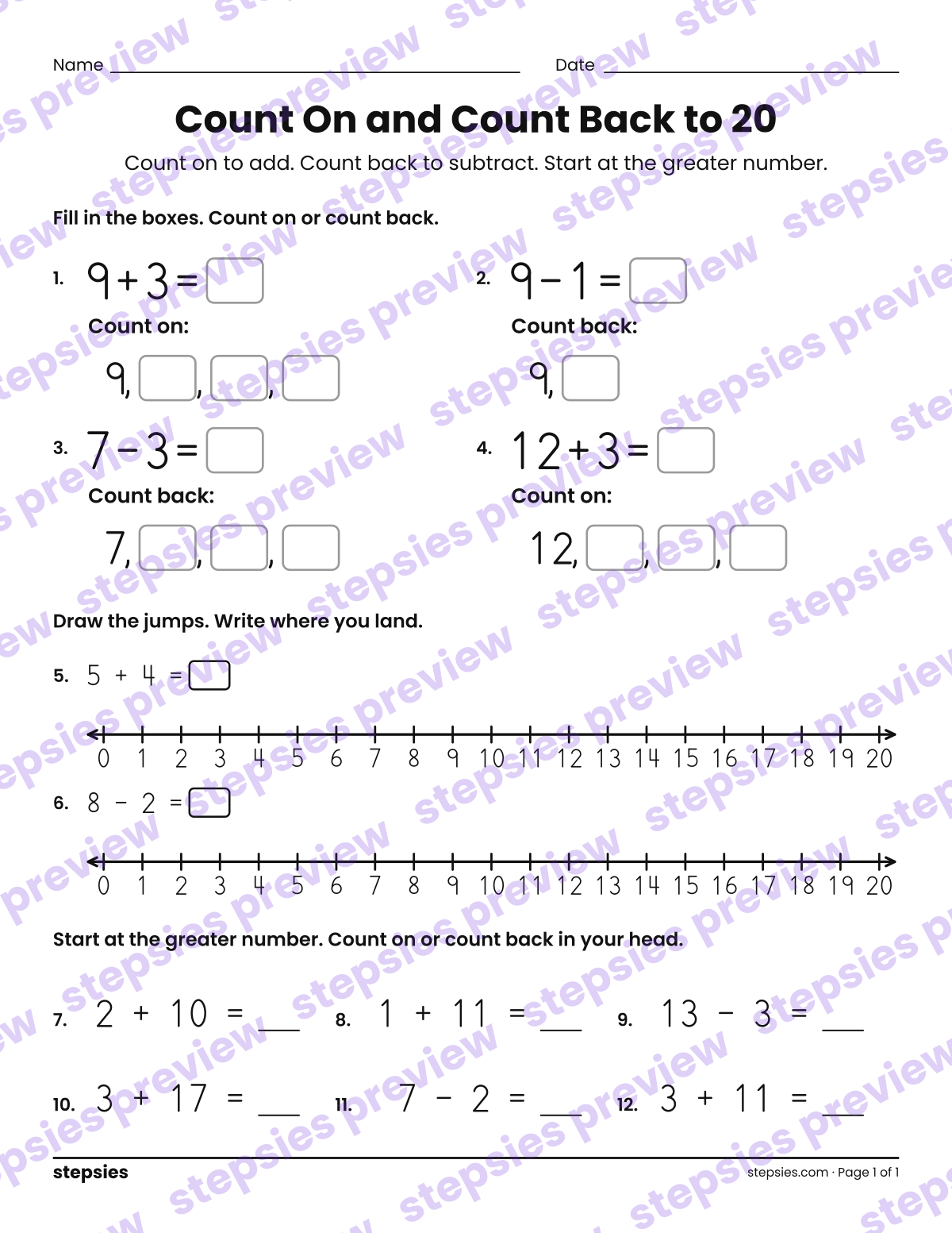 Count On and Count Back to 20: page 1 of a printable Grade 1 Math worksheet