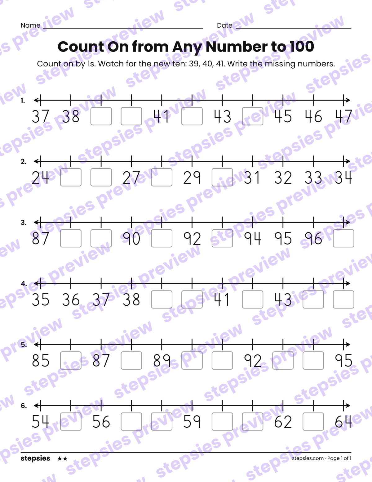 Count On from Any Number to 100: page 1 of a printable Kindergarten and Grade 1 Math worksheet