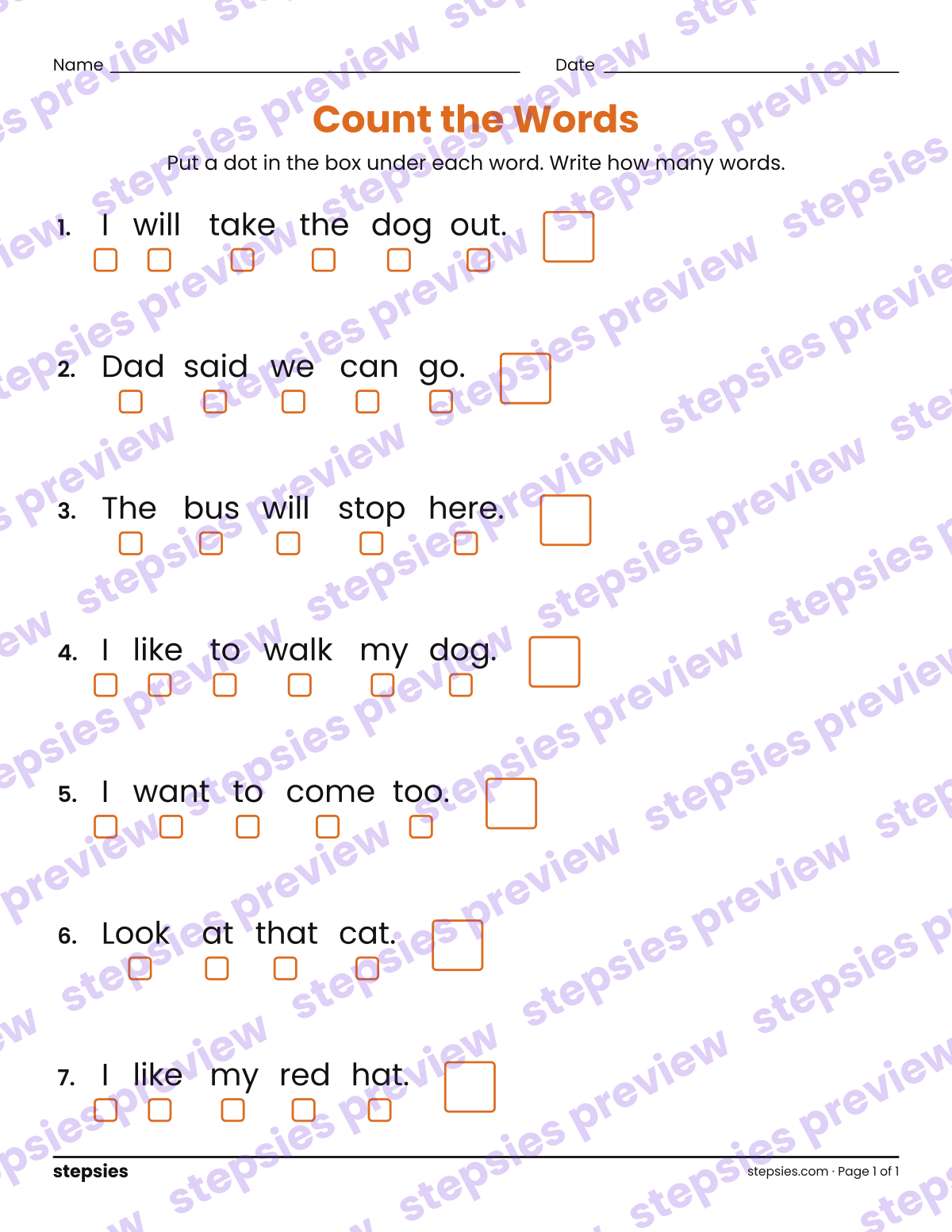 Count the Words in Longer Sentences: page 1 of a printable Kindergarten and Grade 1 Language worksheet