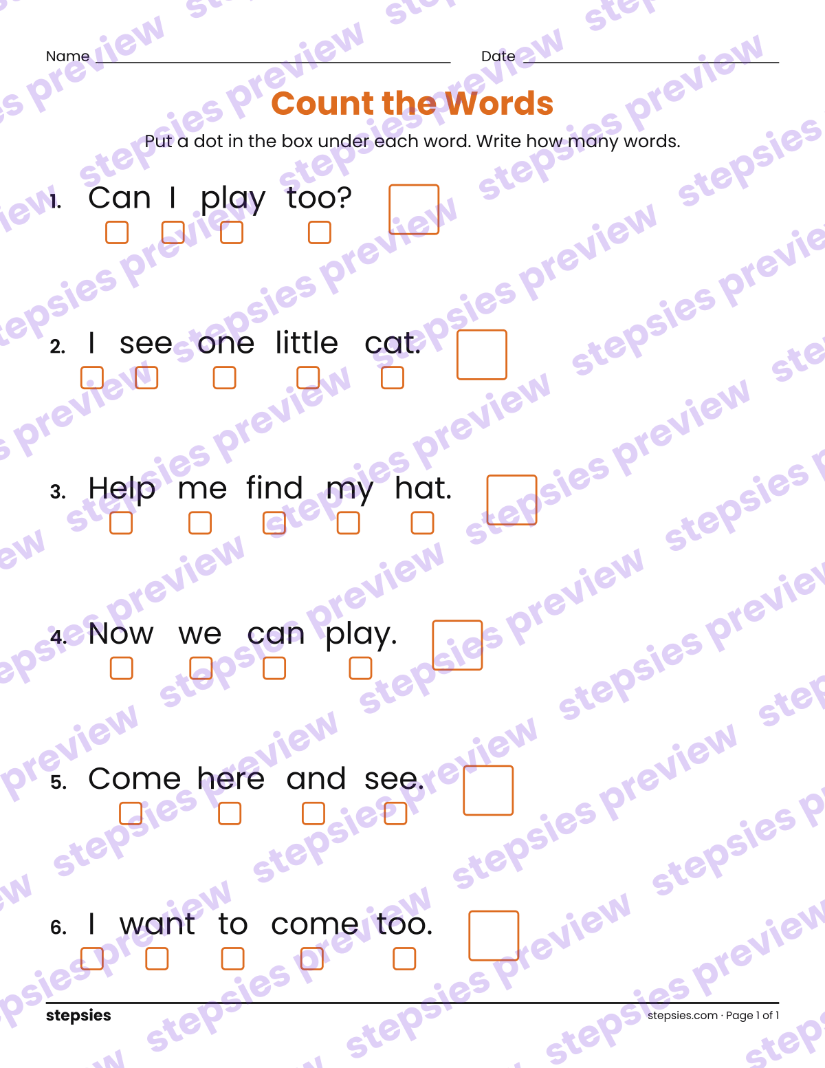 Count the Words in a Sentence: page 1 of a printable Kindergarten Language worksheet
