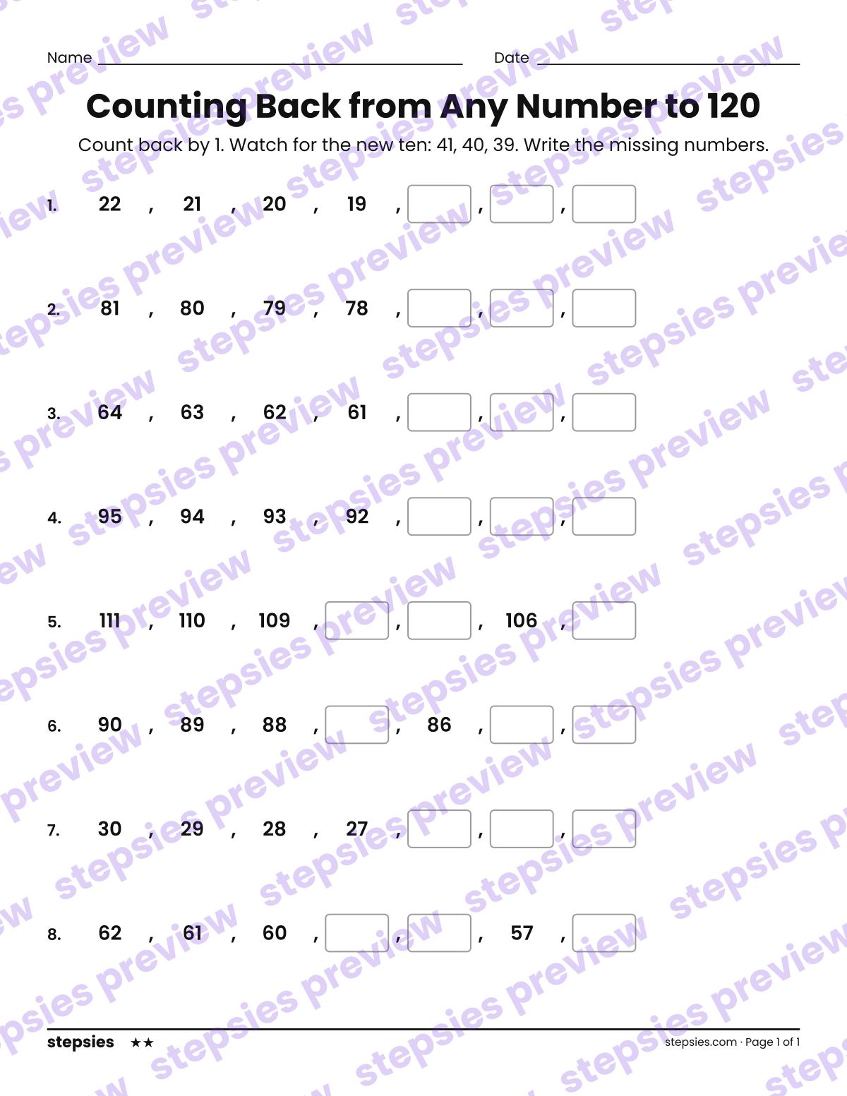 Counting Back from Any Number to 120: page 1 of a printable Grade 1 Math worksheet