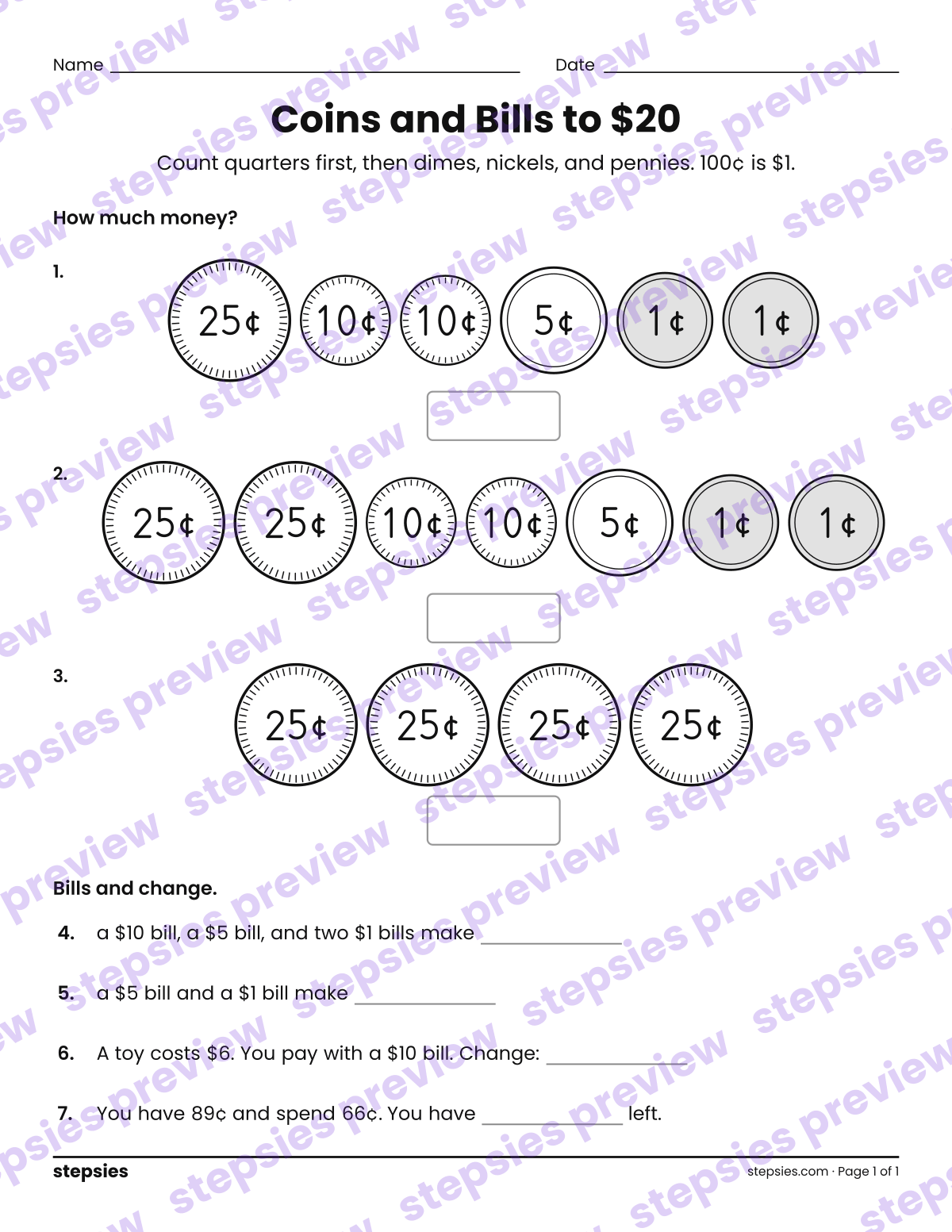 Coins and Bills to $20: page 1 of a printable Grade 3 Math worksheet