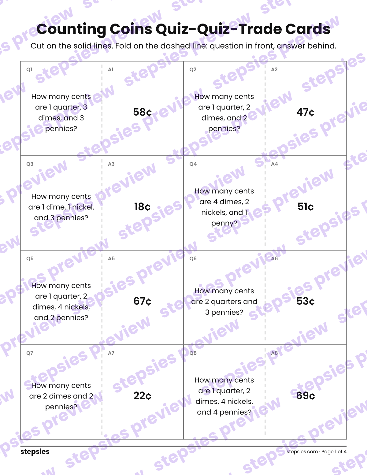 Counting Coins: Quiz-Quiz-Trade Cards: page 1 of a printable Grade 2 Math worksheet