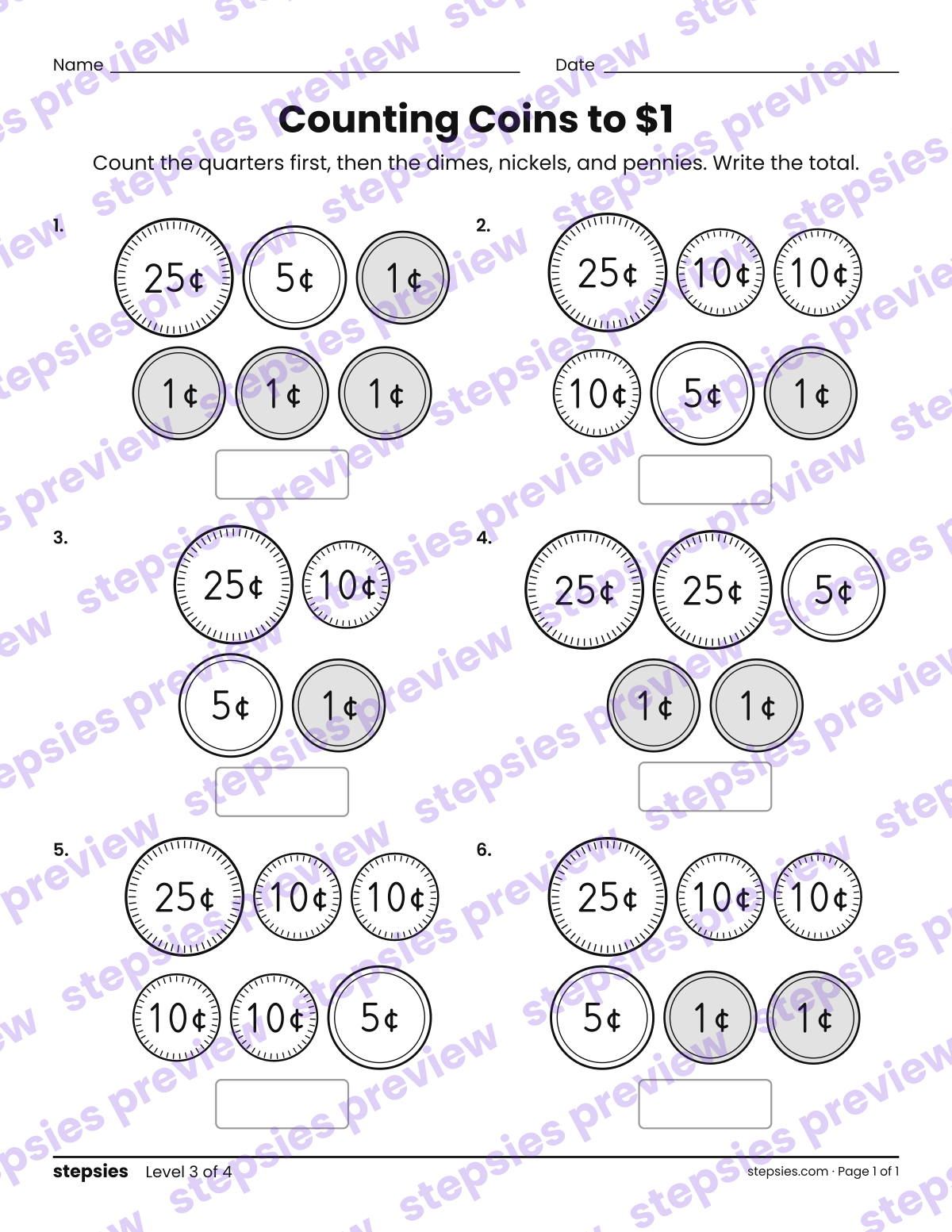 Counting Coins to $1: page 1 of a printable Grade 2 Math worksheet