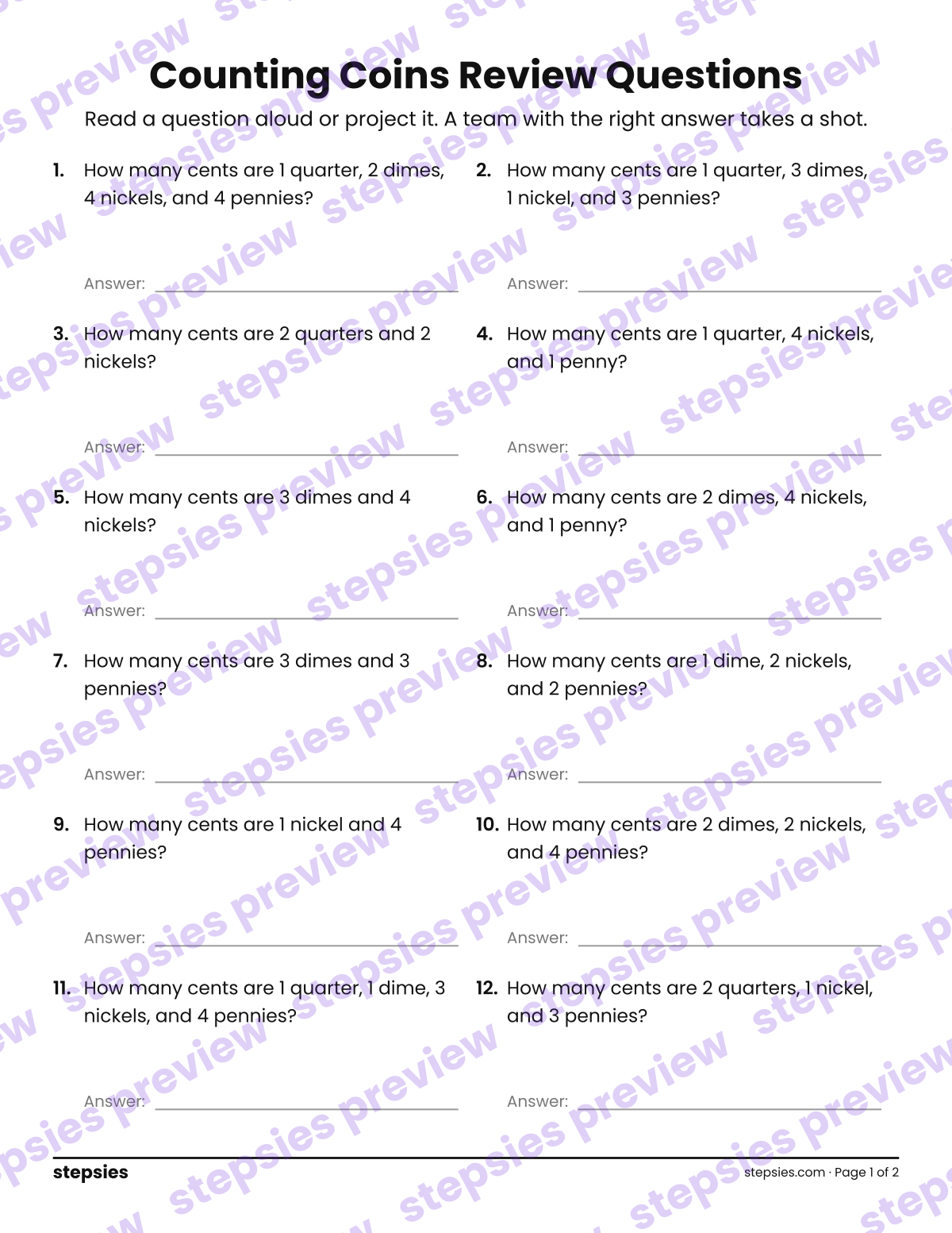 Counting Coins: Trashketball Review Questions: page 1 of a printable Grade 2 Math worksheet