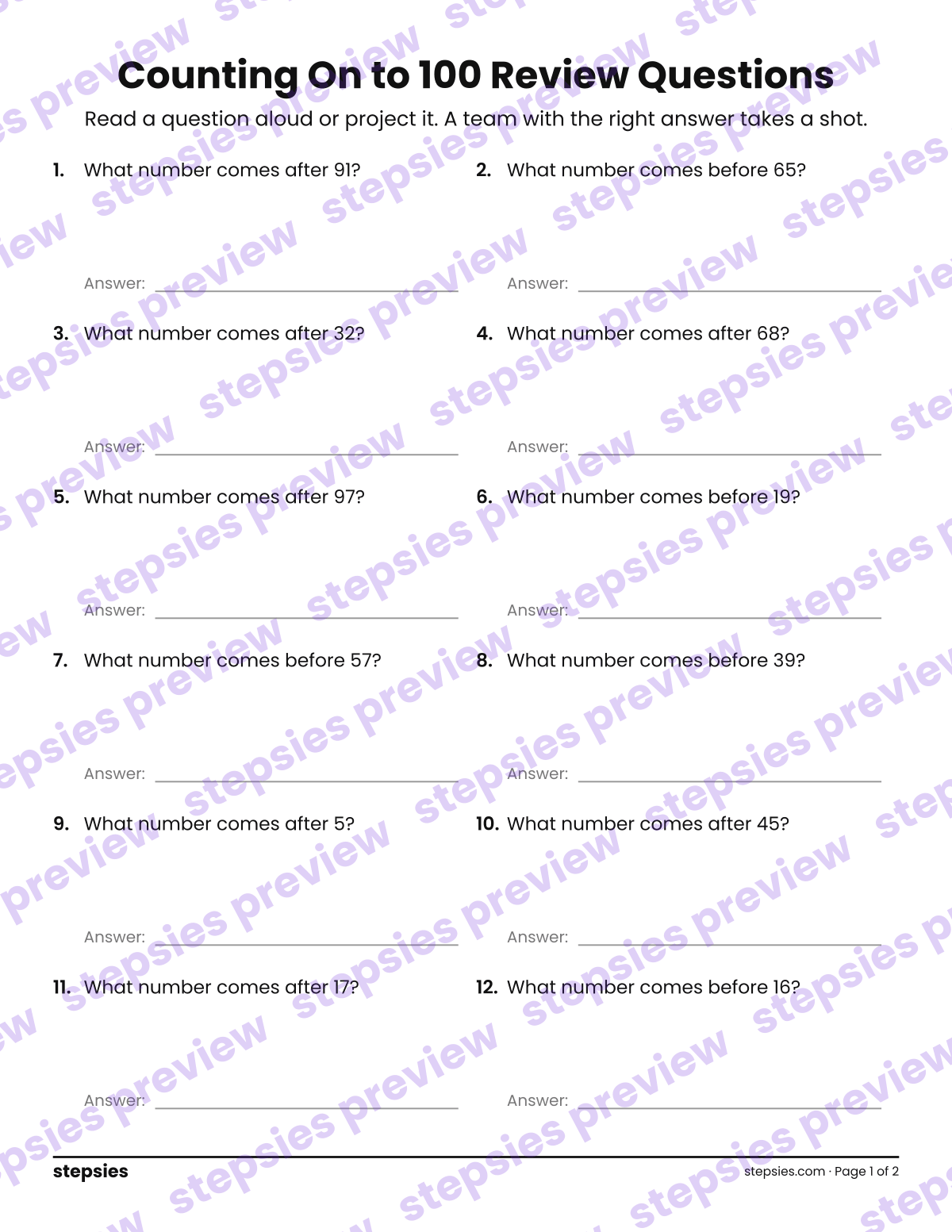 Counting On to 100: Trashketball Review Questions: page 1 of a printable Kindergarten Math worksheet