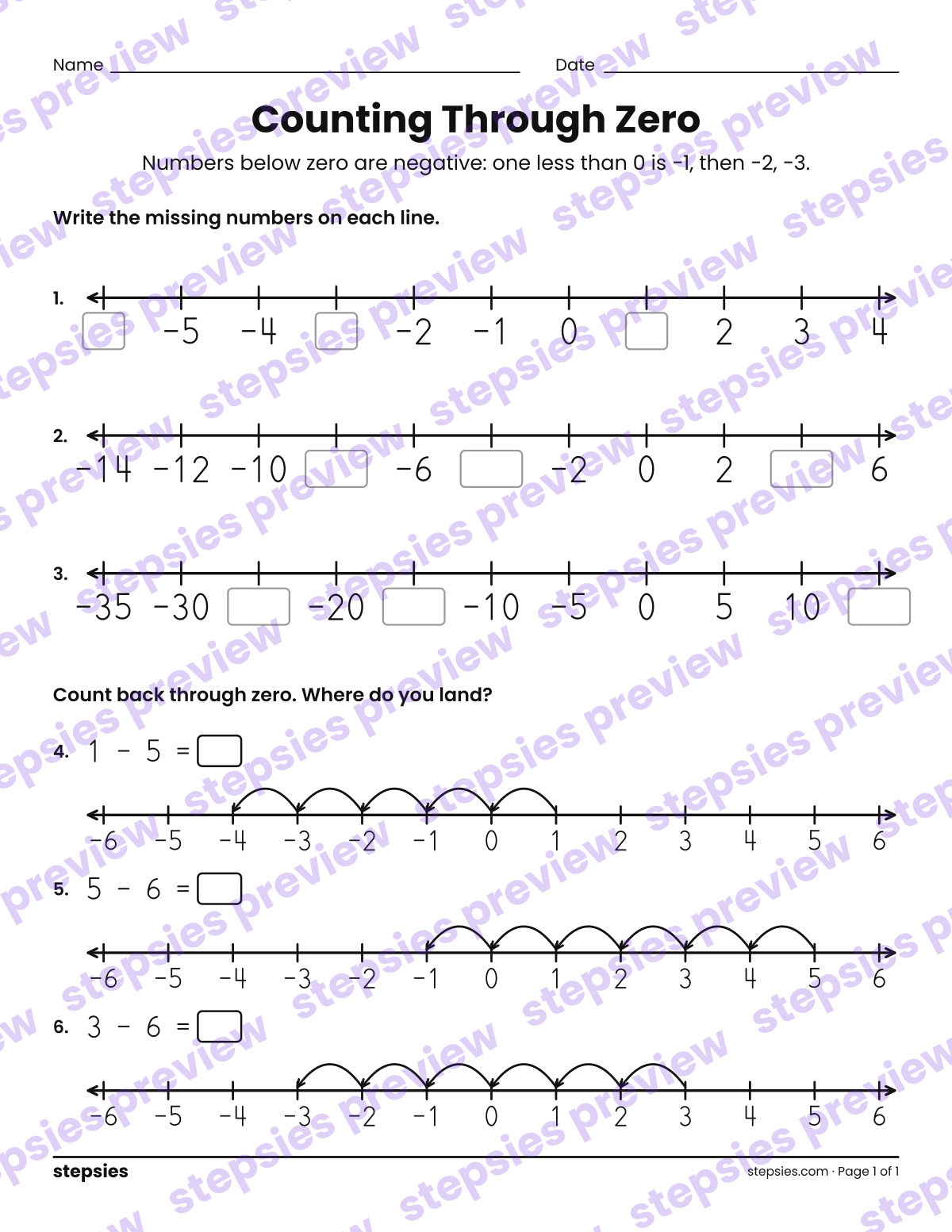 Counting Through Zero: page 1 of a printable Grade 4 Math worksheet