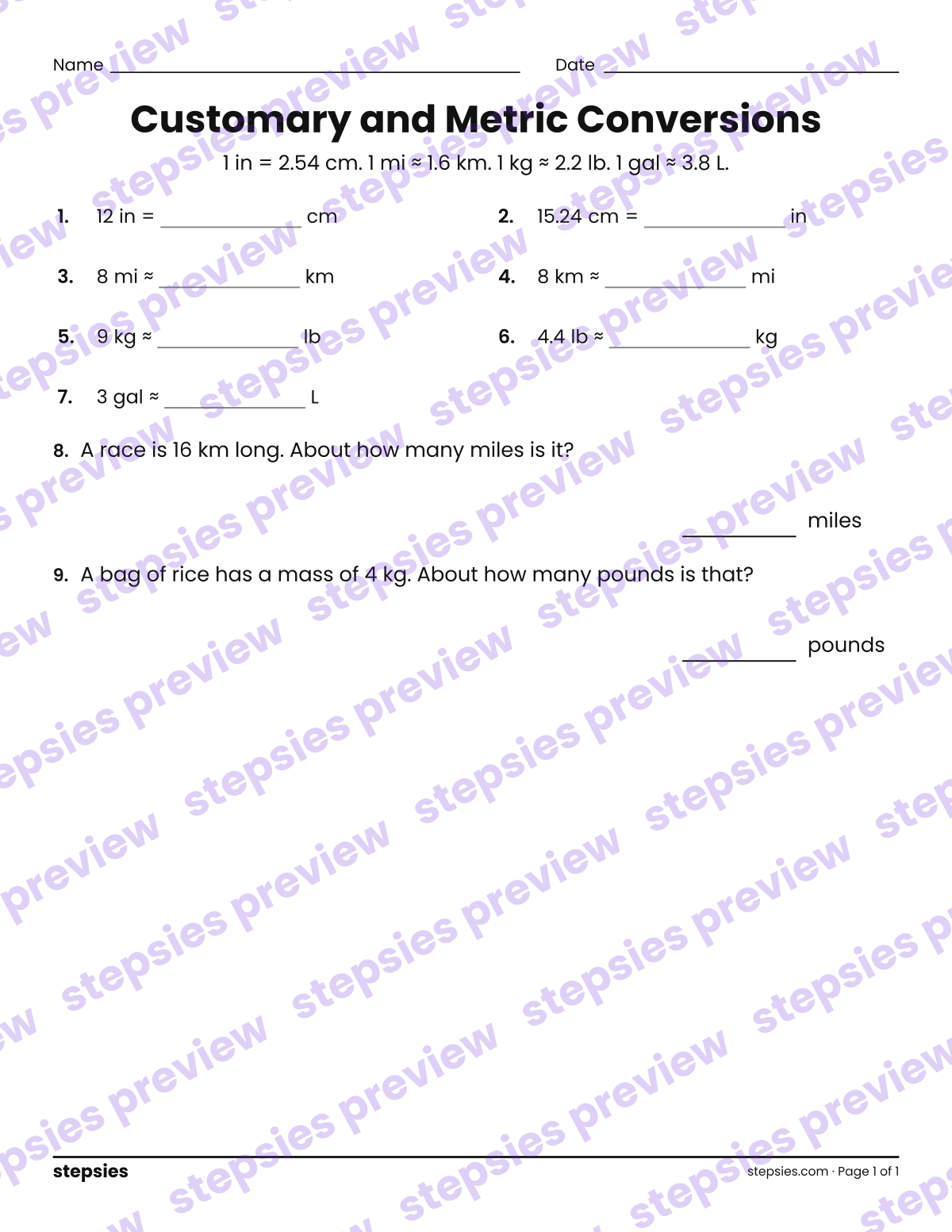 Customary and Metric Conversions: page 1 of a printable Grade 6 Math worksheet