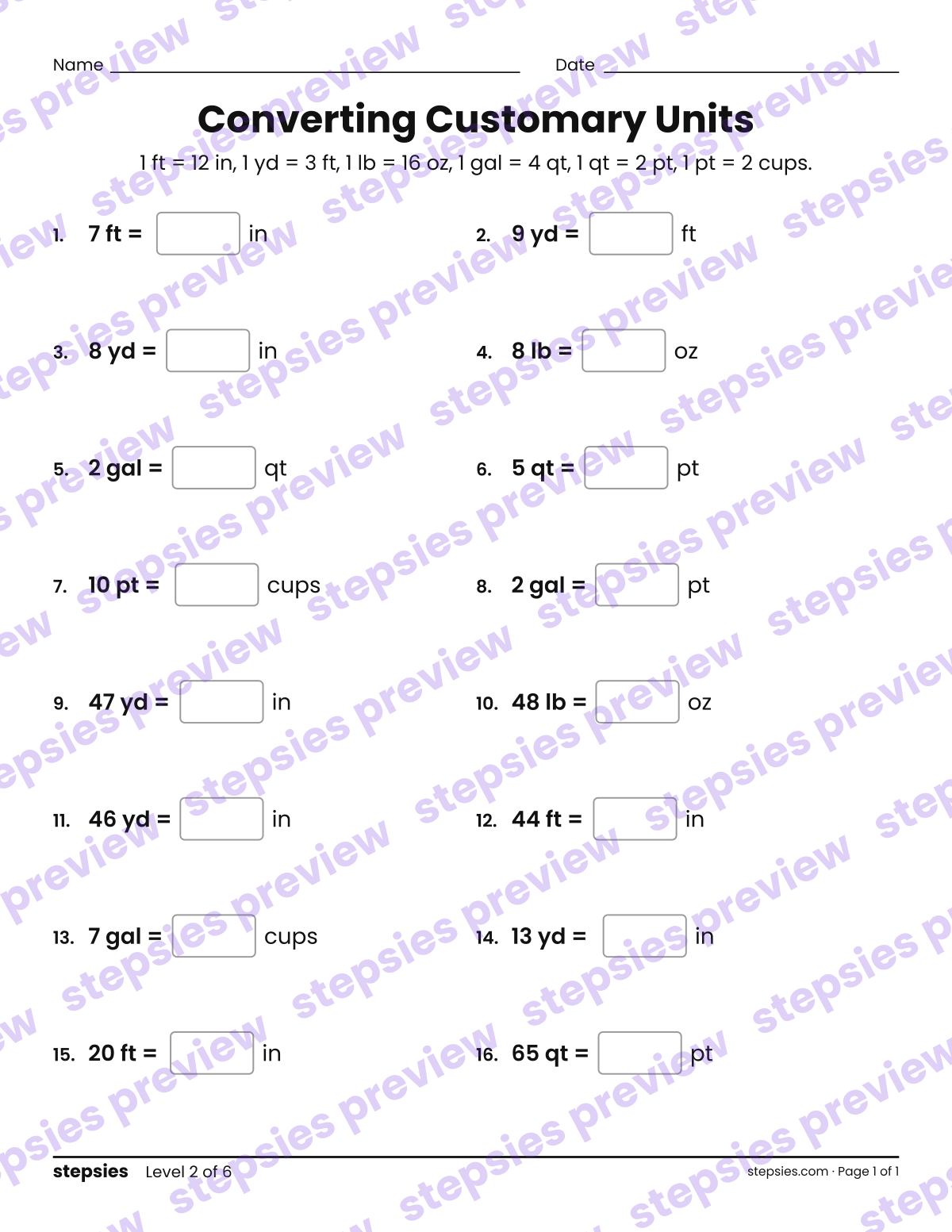 Converting Customary Units: page 1 of a printable Grades 4 and 5 Math worksheet