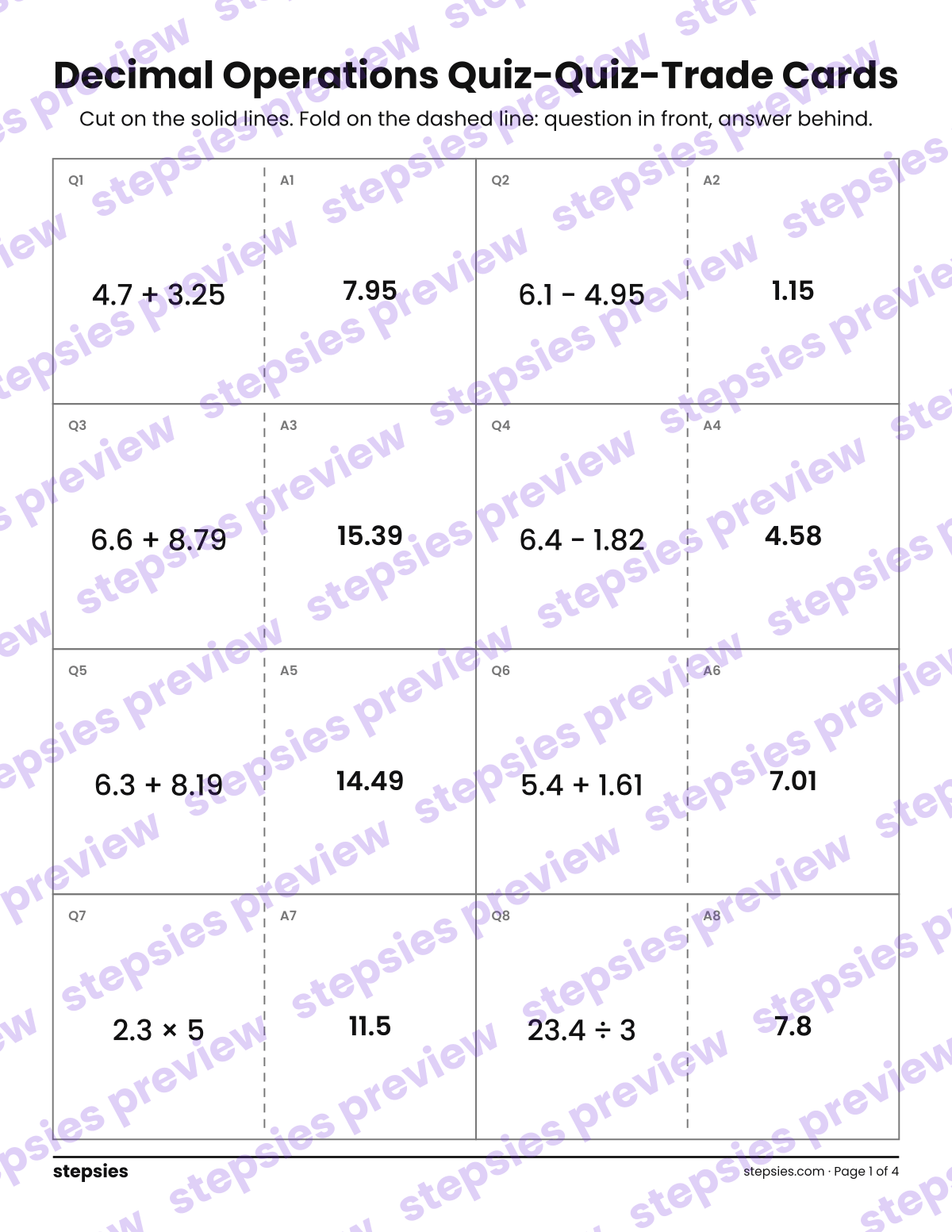 Decimal Operations: Quiz-Quiz-Trade Cards: page 1 of a printable Grade 5 Math worksheet